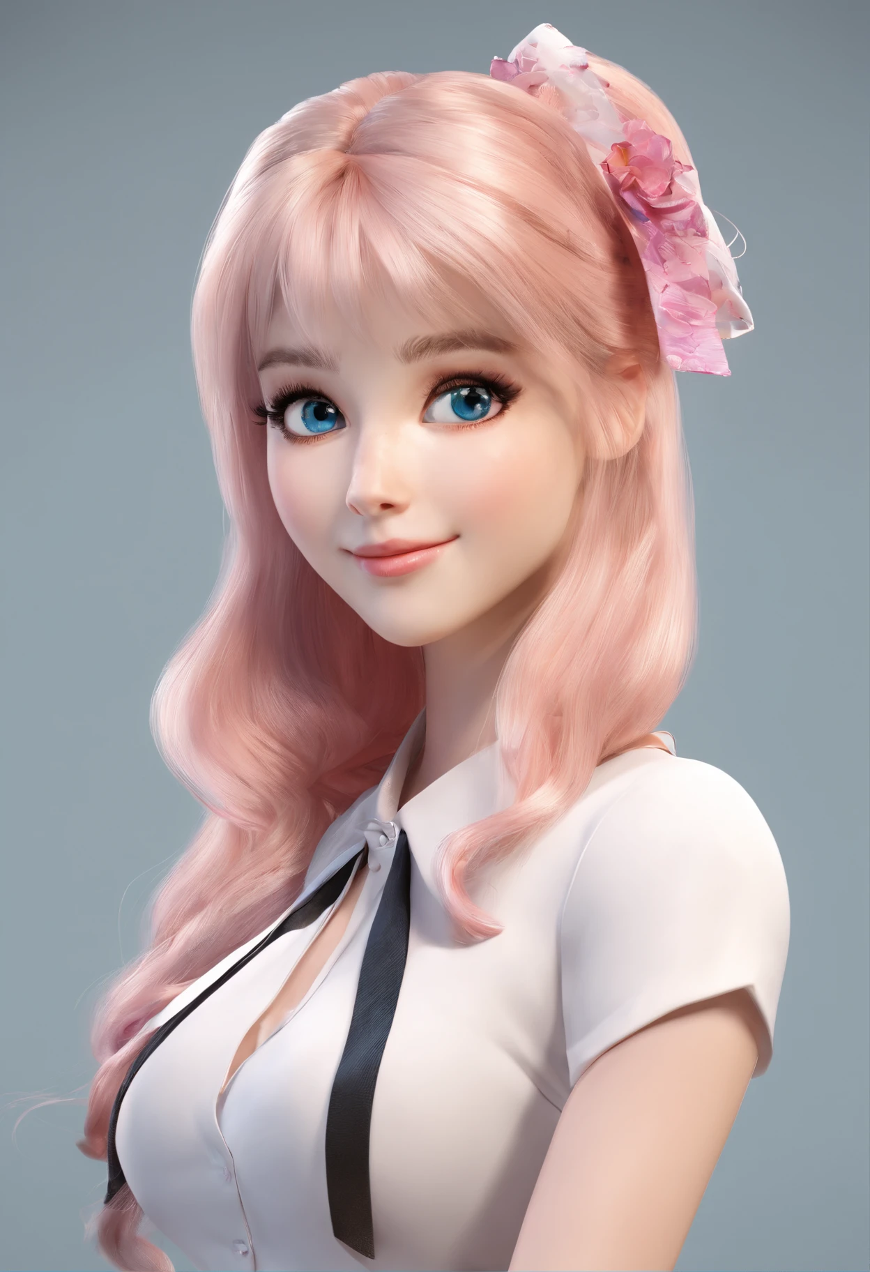 Portfolio piece, Best quality, Girl, Long hair alternatives, Absurdly long hair, Blonde hair, bow hair, aqua eyes, Seductive smile, Tongue stock, Black eyes, long eyelasher, Big breasts, Mole on the chest, White shirt, Short black skirt, shoes, pendant, Hair ribbon, flower ribbon, Hair_ribbon, Hair_ribbon, Hair_flower，CG diagram