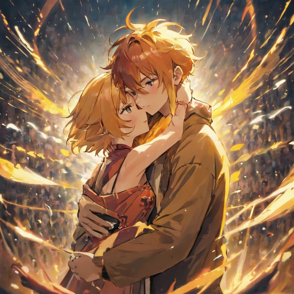 Two boys with sound hair，Oversized scenes，Creation，top-quality，best qualityer，2guys, Two boys，On both sides，Float around the center，Don't hug each other