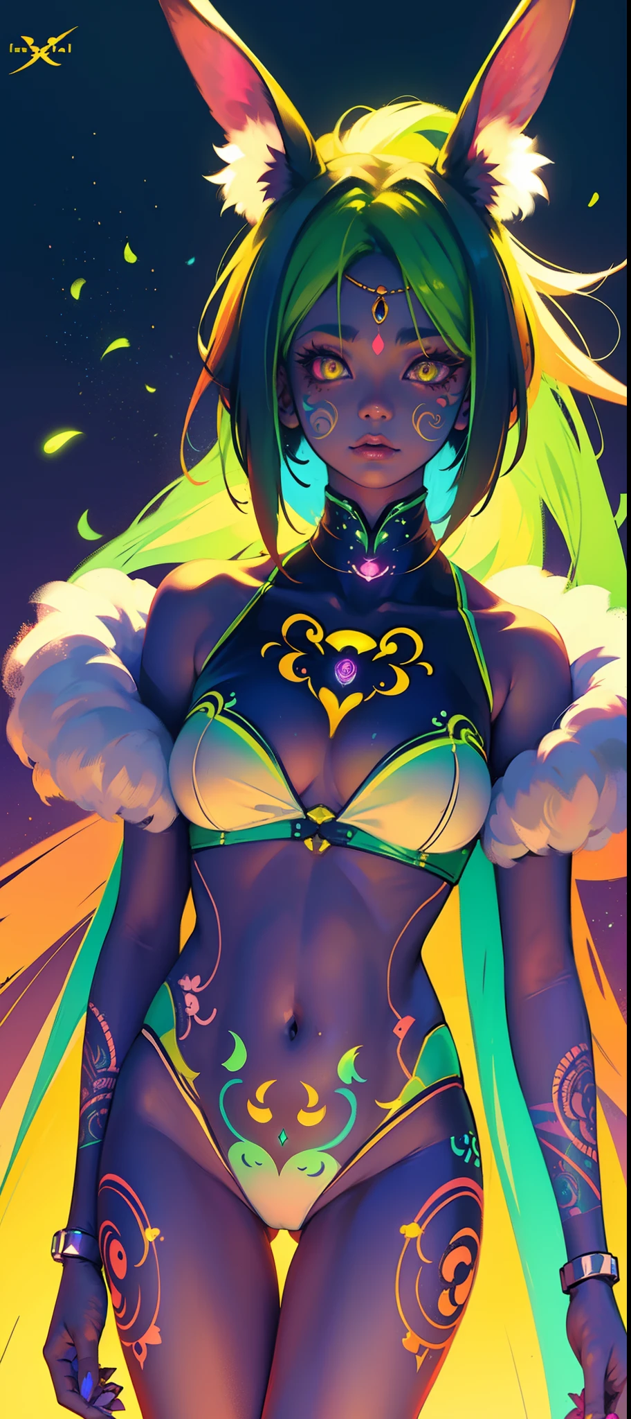 Rabbit technique , sci-fy, Fluffy ,
1girll, Tattoos, Glowing tattoos, Glowing eyes, Colorful glowing hair , (full bodyesbian), Green hair,Open navel
Kavitek, Pastel colors, kawaii, cutecolors,