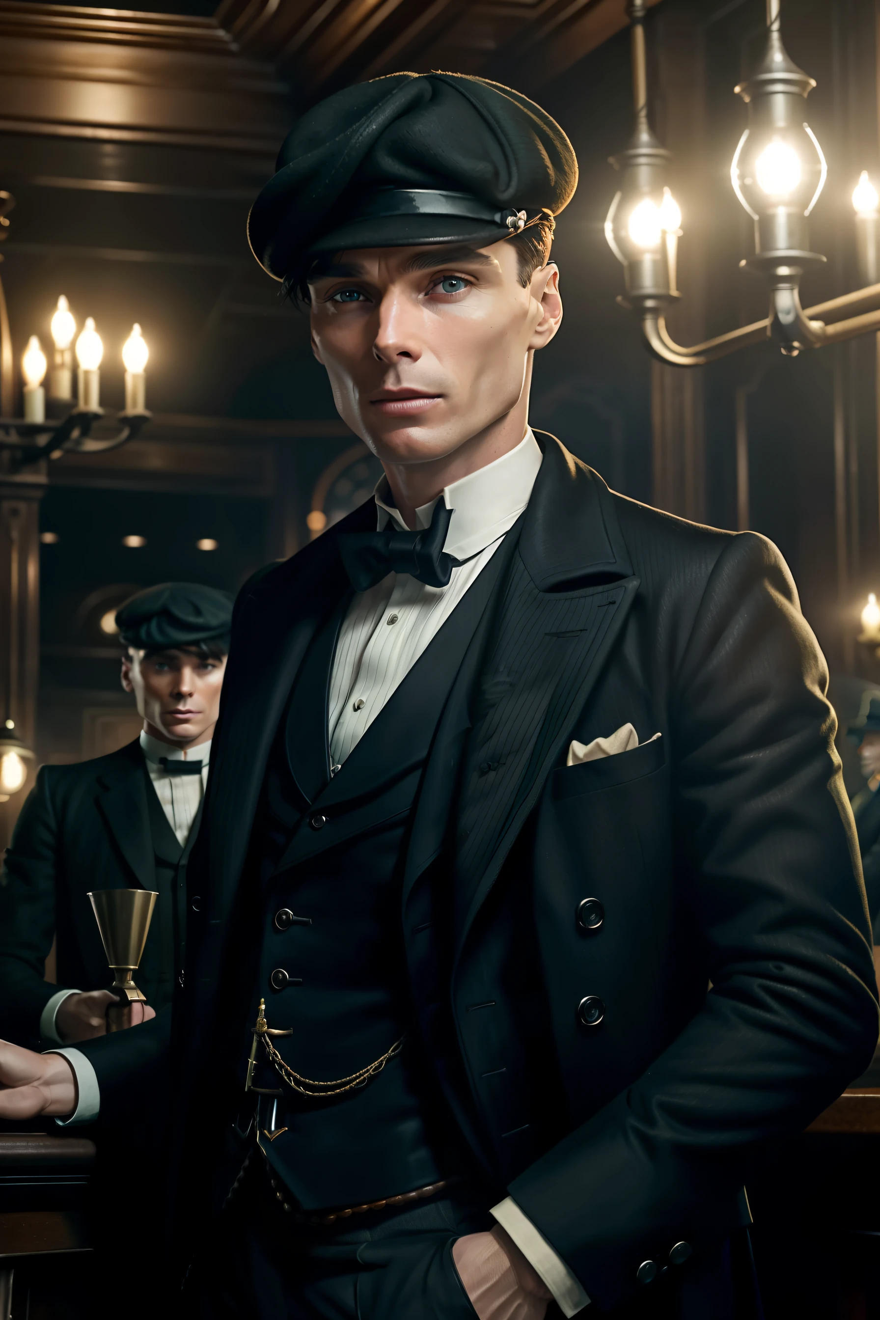 ((hyperrealistic, photorealistic, 8k, intricate details)) Benedict Cumberbatch as a magician with hat and cape. Playing cards are falling from above in a midcentury room. in the style of wes anderson movie, masterpiece, best quality, ultra-detailed, solo, outdoor (warm hue, warm tone): 1.2), close-up, cinematic light, soft side lighting, ultra high resolution, best shadow, RAW.