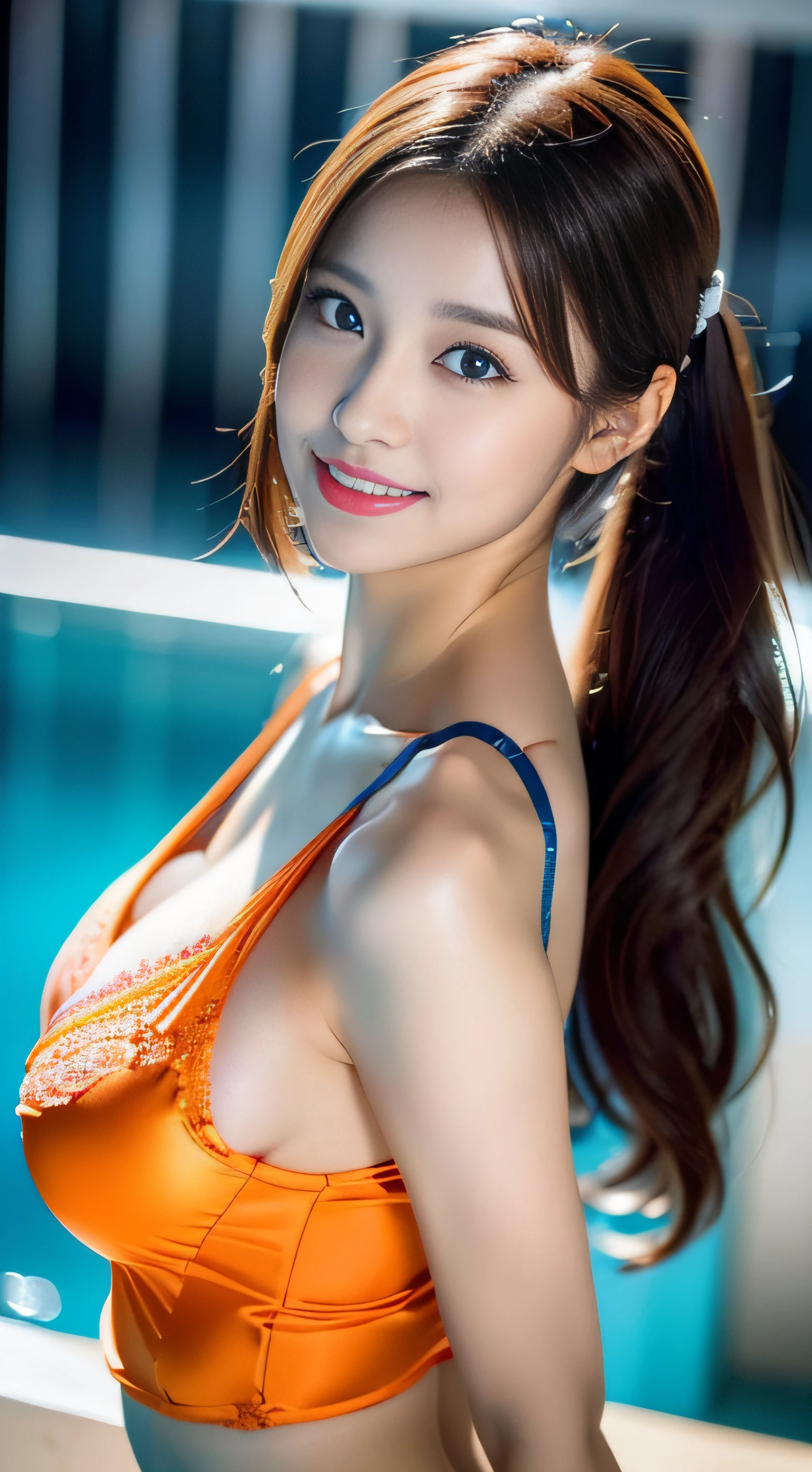 Latex Latex 25 years old　(realisitic、Photorealsitic)、(Yakir one girl must、a japanese girl、独奏、、(face to the viewer)、
perfect hand、up looking_で_the viewer、
whiteshirt、
outside of house、In front of the pool、Outstanding smile、wavy twin tails with long brown hair,,,,,,,,,(huge-breasted, cleavage:1.2),(Metallic Orange Swimming Lace Suit :1.3), (Cameltoe),30-years old、、(((32K,very high res, high detailing, highly accurate,Masterpiece Girl 1))),Raw photo & realistic atmosphere,beautiful dark blue eyes,Detailed mouth,Glossy lips,Detailed eyebrows,Soft white skin that shines with every detail,,Eyes drawn in detail、Very beautiful eyes with azure eyes,Detailed lips、Very beautiful face,Very well-formed face、Lifelike face,shiny beautiful lips,Beautiful eyebrows,Infinite reality,Best design,（Insanely cute Japan 17 year old girl,Healthy style,Beautiful breasts with big breasts,Very cute beautiful girl,Little Girl：1.4）,Best Natural Makeup,Japanese ido,Korean Idols,Japan Cheer Girl,Korean Cheergirls,Moist eyes,Dark beautiful eyes,Beautiful butt,beauty legs,,camel's foot,,Skinny Fingers,Detailed beautiful legs：1.3),超A high resolution、,Natural and realistic face,Back lighting,Pure eyes are too cute,(((photorealisim))),Reality Live Action,(((32K,very high res, high detailing, highly accurate,Masterpiece Girl 1))),Raw photo & realistic atmosphere,beautiful dark blue eyes,Detailed mouth,Glossy lips,Detailed eyebrows,Soft white skin that shines with every detail,,Eyes drawn in detail、Very beautiful eyes with azure eyes,Detailed lips、Very beautiful face,Very well-formed face、Lifelike face,shiny beautiful lips,Beautiful eyebrows,Infinite reality,Best design,（Insanely cute Japan 17 year old girl,Healthy style,Beautiful breasts with big breasts,Very cute beautiful girl,Little Girl：1.1）,Best Natural Makeup,Japanese ido,Korean Idols,Japan Cheer Girl,Korean Cheergirls,Moist eyes,Dark beautiful eyes,Beautiful butt,beauty legs,,camel's foot,,Skinny Fingers,Detailed beautiful legs：1.3),超A high resolution、,Natural and realistic face,Back lighting,Pure eyes are too cute,(((photorealisim))),Reality Live Action,（Simple piercing,Glossy nail art：1.1）,（Straighten your bangs with shiny red hair,独奏,natural make up：1.3）,（Full Body Costume Display,Photograph the whole body,Colorful and sexy cheergirl costume in silver and red, Black, Yellowish-white tones in high-detail design,Sexy cheergirl costume with a lot of exposure,Cheerful and sexy cheergirls,High Definition High Definition Very Beautiful Cute 17 Year Old Cheer Girl Dark Locker Room Everyone,hair pin,hair adornments,hairaccessories,micromini skirt,facing back,Leaning forward、We wish you good luck,Bend forward,Show me your ass on all fours,Beautiful back view,：1.5）