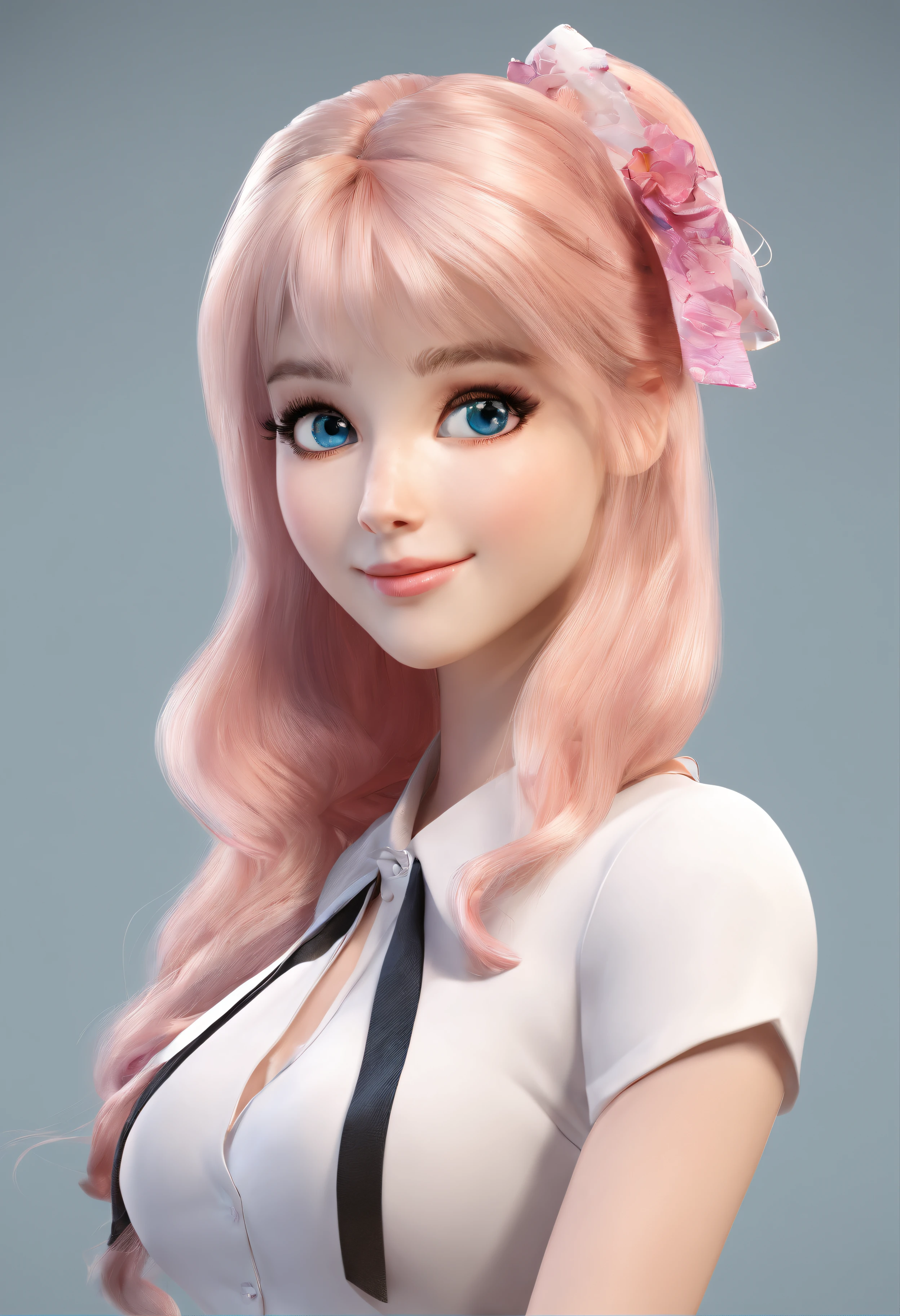 Portfolio piece, Best quality, Girl, Long hair alternatives, Absurdly long hair, Blonde hair, bow hair, aqua eyes, Seductive smile, Tongue stock, Black eyes, long eyelasher, Big breasts, Mole on the chest, White shirt, Short black skirt, shoes, pendant, Hair ribbon, flower ribbon, Hair_ribbon, Hair_ribbon, Hair_flower，CG diagram