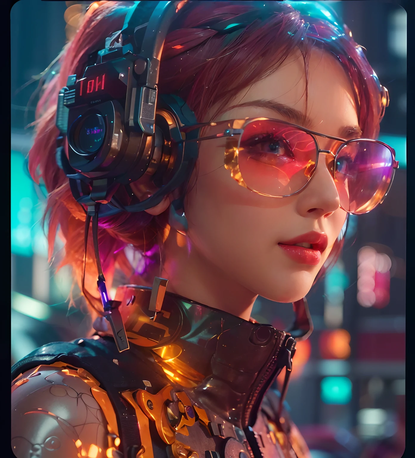 (Highly detailed: 1.2), (Canon EOS R6 Top Quality: 1.2), (8K: 1.0), (EMB-RRF-LOW: 1.0), Detailed face, Wearing high-tech sunglasses with ultra-detailed eyes and holographic display 1.2),  (award - winning photo: 1.2), (Subsurface scatter: 1.2), (Subsurface scatter: 1.2),(Beautiful ultra-detailed cyborg: 1.2), ( ultra-detailed hair: 1.2), (Great body: 1.2), (Full body: 1.2), (Dynamic Posture :1.2), Neon glow, (detailed cybernetic eyes:1.1), (hyper realisitic:1.2), RPG, Cyberpunk 2077 Style, Dramatic Lighting, (Highly detailed futuristic cityscape:1.2), (scientific fiction: 1.2), professional portrait photo, wlop,A pink-haired,((Front-facing face))