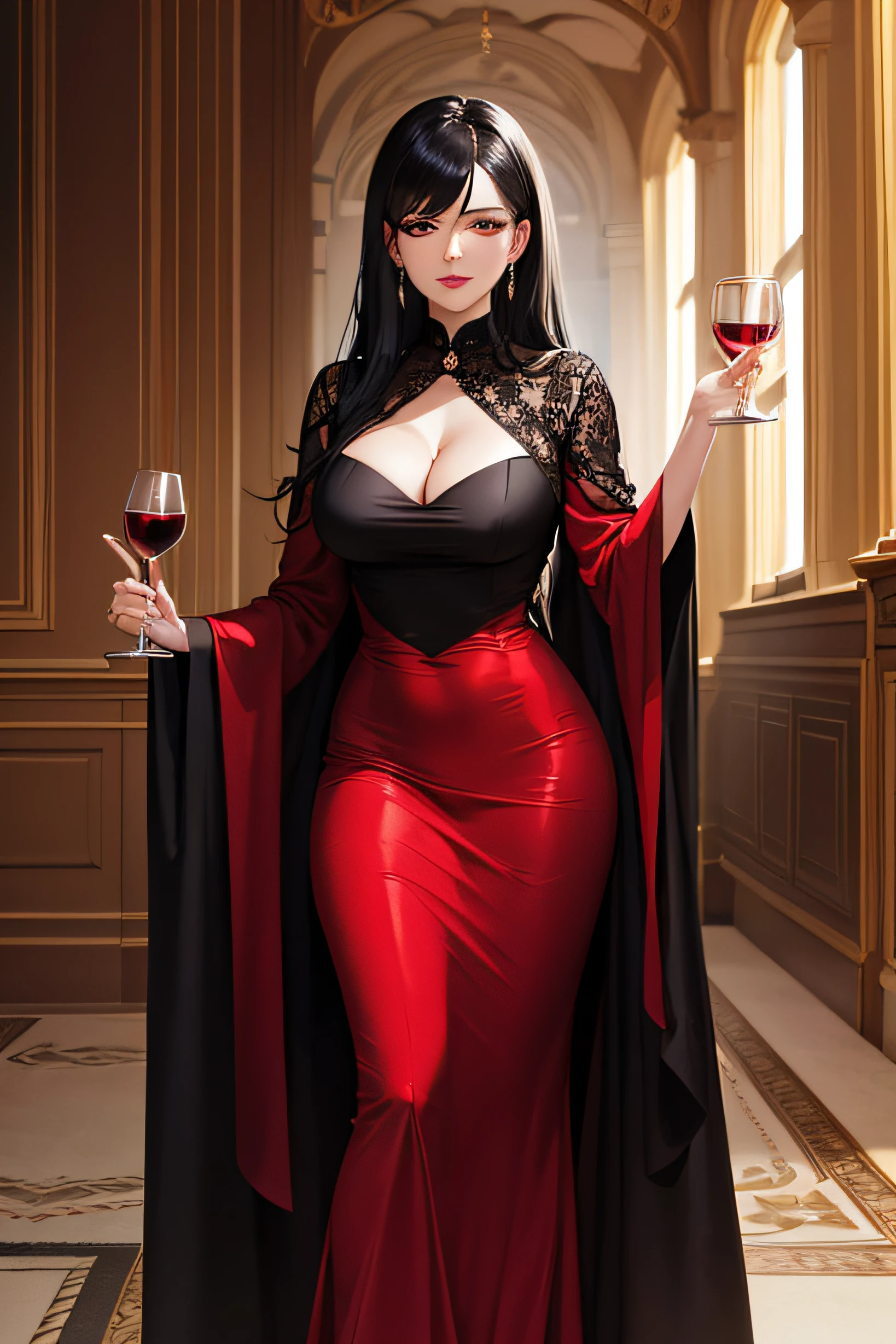 Villain, stepmother mature, beautiful woman, beautiful black hair, holding a glass of wine, wearing a red clothes