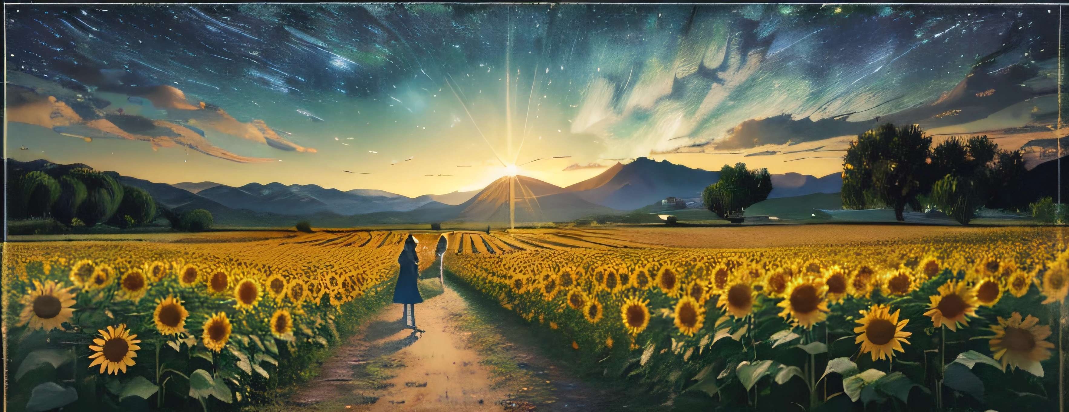 (best quality,4k,8k,highres,masterpiece:1.2),ultra-detailed,(realistic,photorealistic,photo-realistic:1.37),sunflower field,fields of sunflowers,Van Gogh style,sunflowers in full bloom,vibrant colors,thick brushstrokes,unique perspective,starry night,post-impressionism,iconic masterpiece,sunflowers as the focal point,majestic sky with swirling, golden hues,sunlight filtering through the clouds,dramatic lighting,atmospheric and dreamlike,A girl in a flowing dress,admiring the sunflowers,elegant and graceful pose,delicate facial features,warm sunlight illuminating her face,subtle smile,sunflowers reflected in her eyes,surrounded by a gentle breeze,rustling through the flowers,rustic wooden easel with canvas and palette nearby,splashes of paint on the ground,creating an artist's studio effect,impressionistic style background,with hints of other flowers and greenery,inviting viewers into the scene,immersing them in the beauty of nature and art.