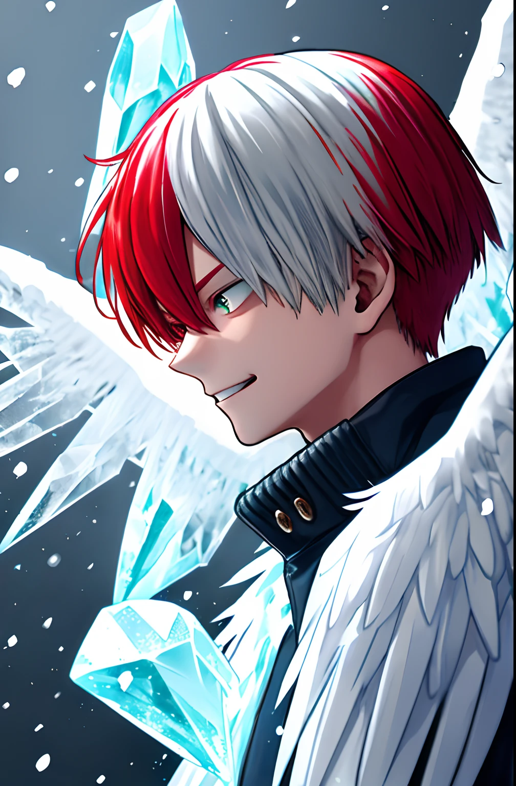 Kohei Horikoshi, 1 boy, bangs, (Perfect facial features: 1.4), (Mystical Magic Formation: 1.2), (Ice Crystal Scales), Blue Light, (Wings of Frost), Powerful Ice Magic, Icicles, Towering Clouds, Blue Cold Light, Ice Storm, Cold Wind, Flying Ice and Snow, Magnificent Effects, Best Quality, Masterpiece, Ultra High Resolution, Fine Detail, Complex Detail, 8K Resolution, 8K UCG Wallpaper, HDR, Aqua Blue, Magic Array, Cinematic Lighting, Chiaroscuro, Ray Tracing, NVIDIA RTX , My Hero Academia, Burn scar, Mouth closed, Coat, From the side, Goognog, Heterochromia, High Resolution, Jacket, Colorful hair, Red hair, Scars, Scars on the face, Smile, Solo, Todoroki Shoto, White hair, Winter clothing, Winter coat, Green in left eye, Burns around the left eye, gray right eye