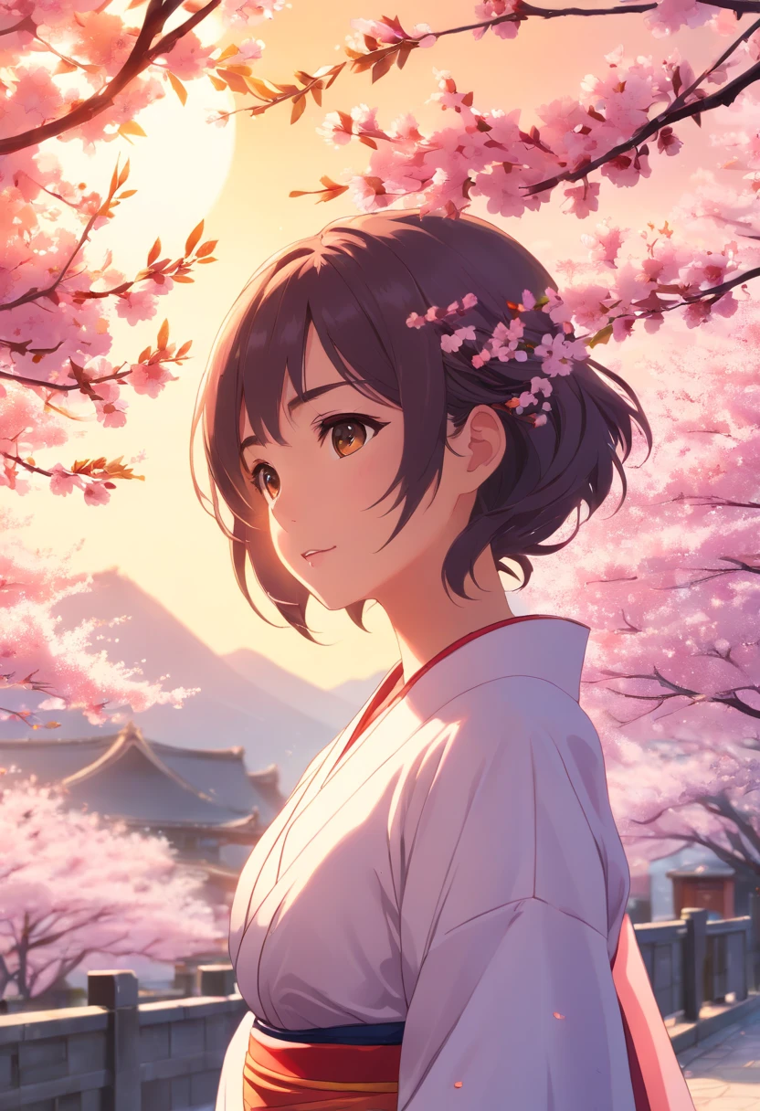 ​masterpiece、top-quality、Movie stills、1girl in、cherry trees、a closeup、发光、Happiness、Warm and soft lighting、the setting sun、(Spark:0.7)､Woman、A slender、mideum breasts、Kimono、