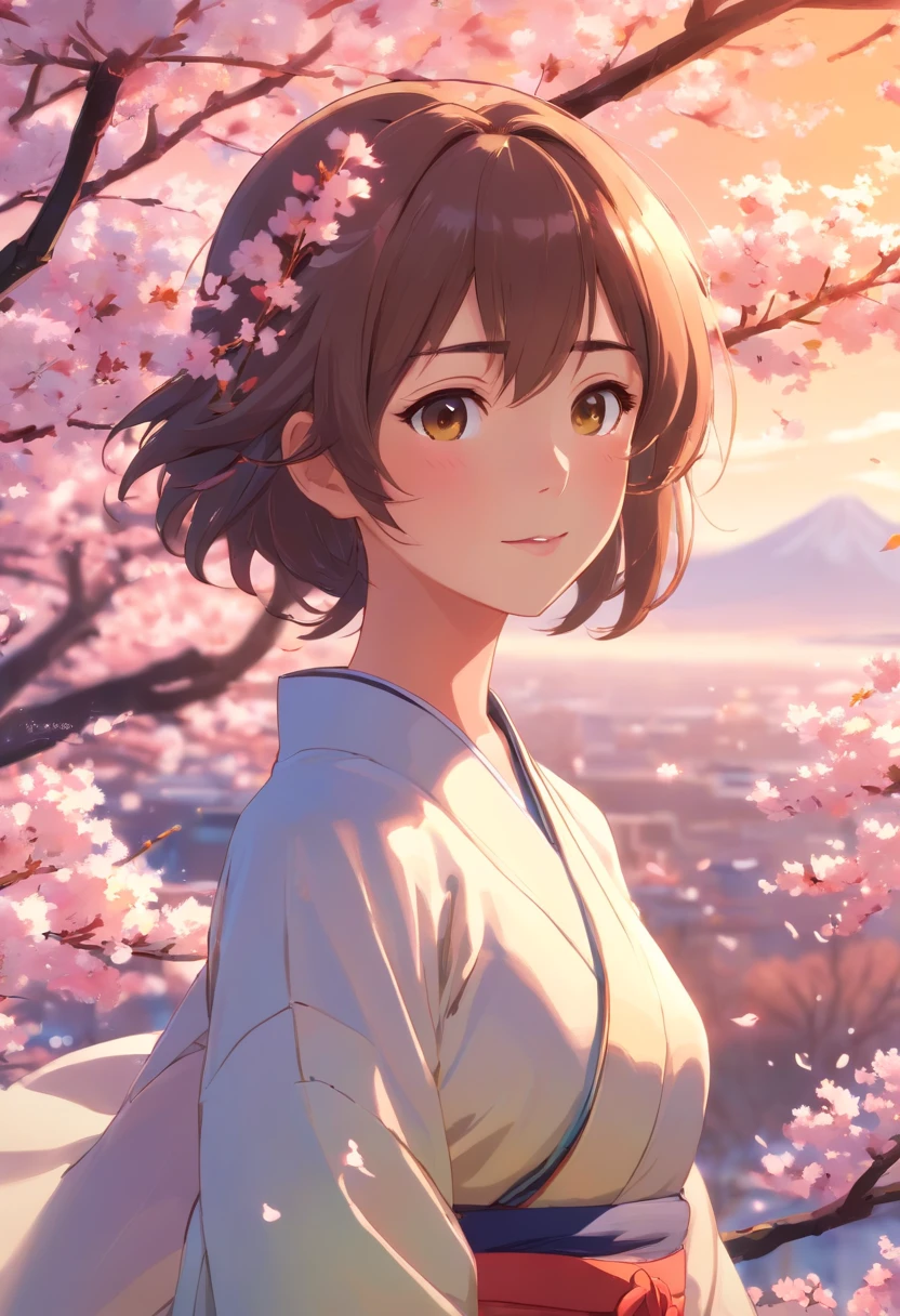 masterpiece、top-quality、Movie stills、1girl in、cherry trees、a closeup、发光、Happiness、Warm and soft lighting、the setting sun、(Spark:0.7)、Woman、A slender、mideum breasts、Kimono、