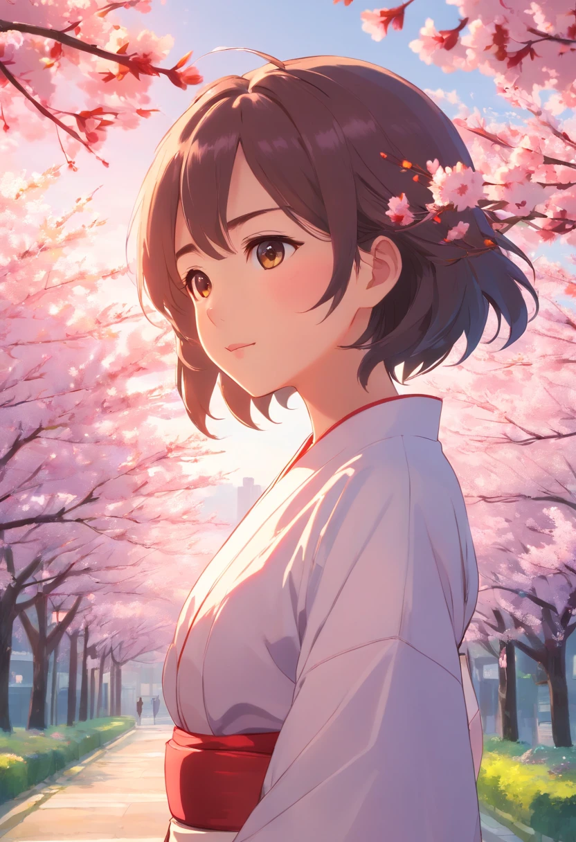 masterpiece、top-quality、Movie stills、1girl in、cherry trees、a closeup、发光、Happiness、Warm and soft lighting、the setting sun、(Spark:0.7)、Woman、A slender、mideum breasts、Kimono、