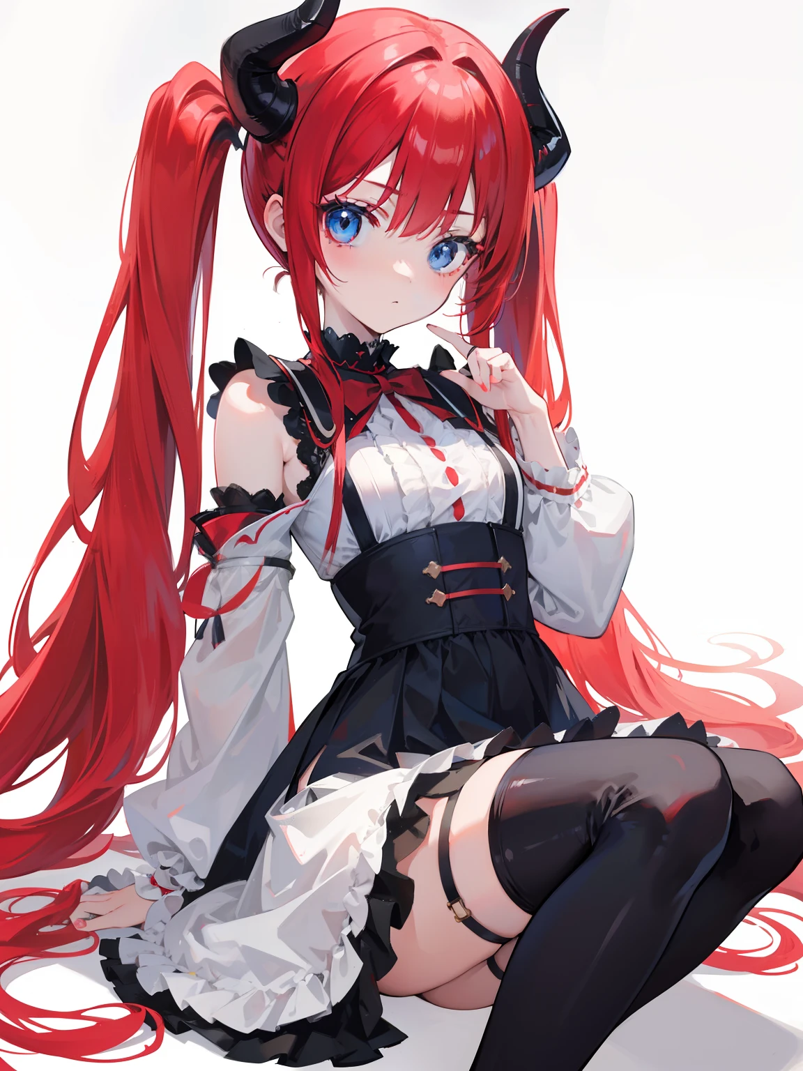 Red hair,Blue eyes,Twintails, Long hair, Solo, Loli, Black stockings,{{Best quality}}, {{Masterpiece}}, {{Ultra-detailed}}, {illustration}, {Detailed light}, {An extremely delicate and beautiful},,Cute,Succubus, demon,Horns
