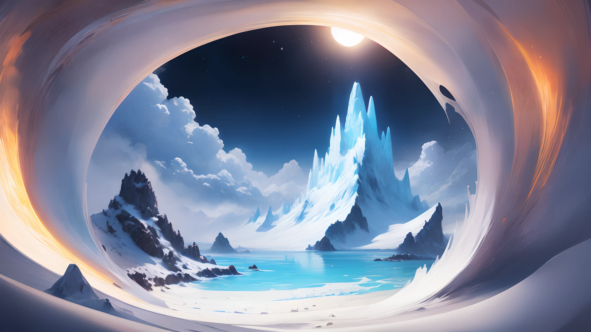 themoon,snow mountains,Inside the clouds,Fly to the sea,The soul soars