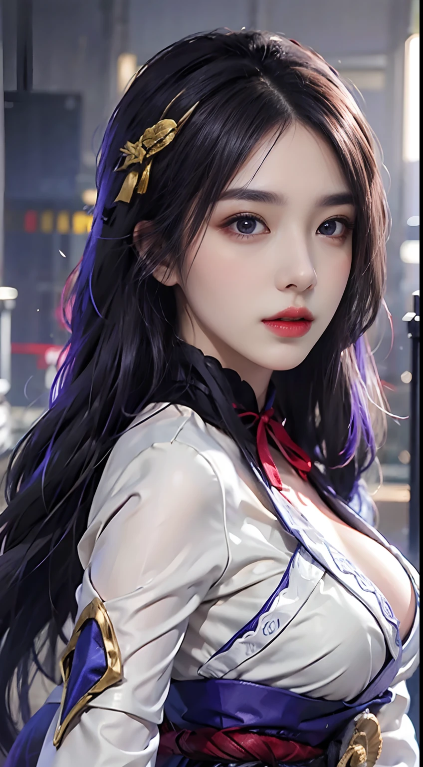 Photorealistic, high resolution, 1 girl, White long hair, Beautiful eyes, normal breast, Raiden General costume
