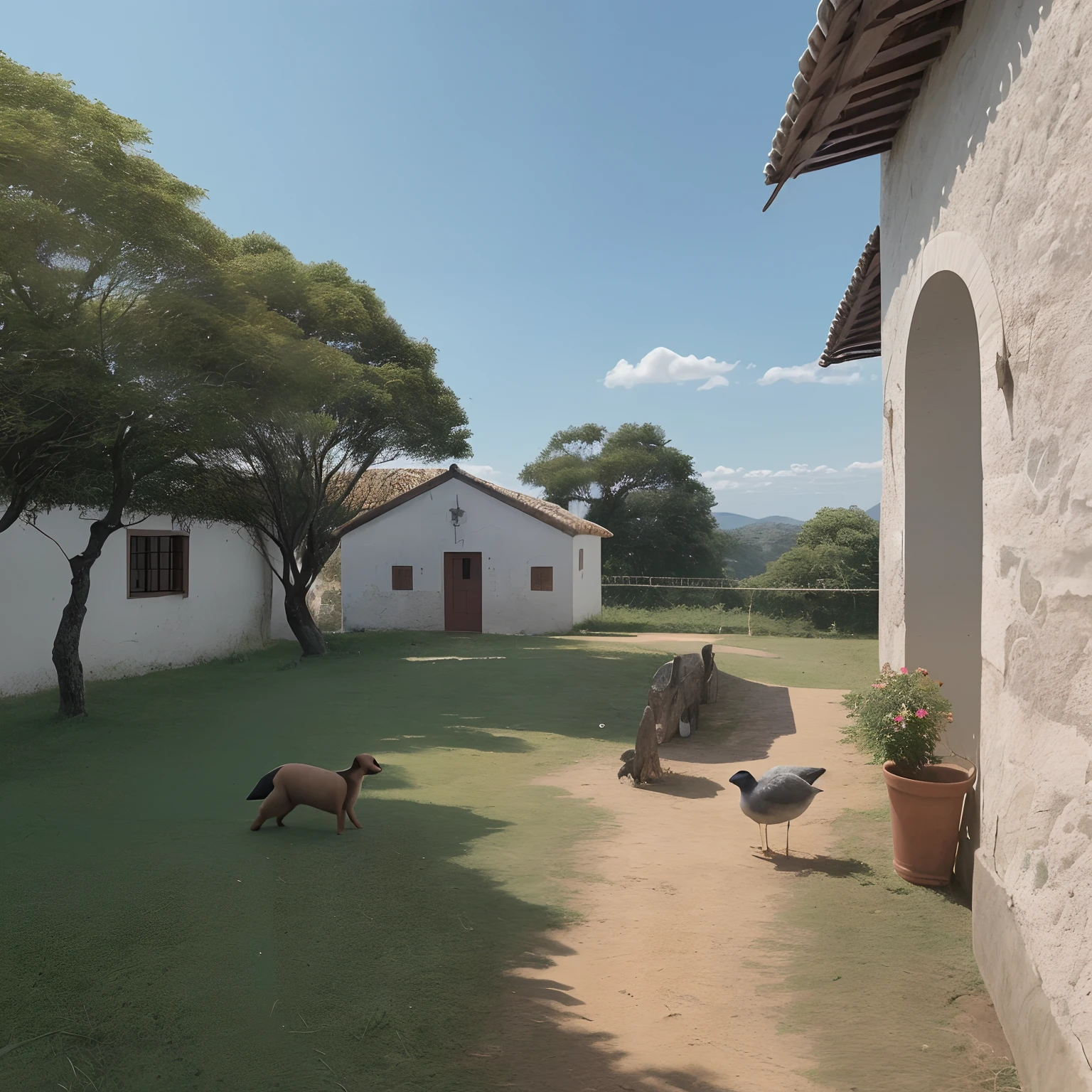 Casa do campo com alpendres, courtyard, animais como galinhas , pintinhos, perus, guinés, patos, cachorro, criador jogando comidas para os animais, uma bela vista de fundo, verde, heaven, nuvens , casal feliz em atividades rural, tiro de 10 metros, foco nítido, 8k