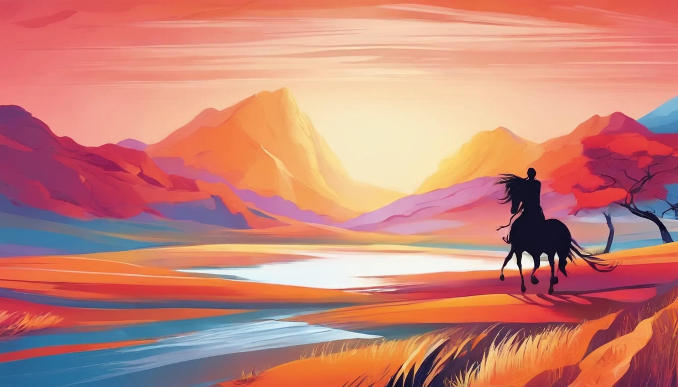Colorful steppe、Silhouette of energetic woman、fantastic landscape