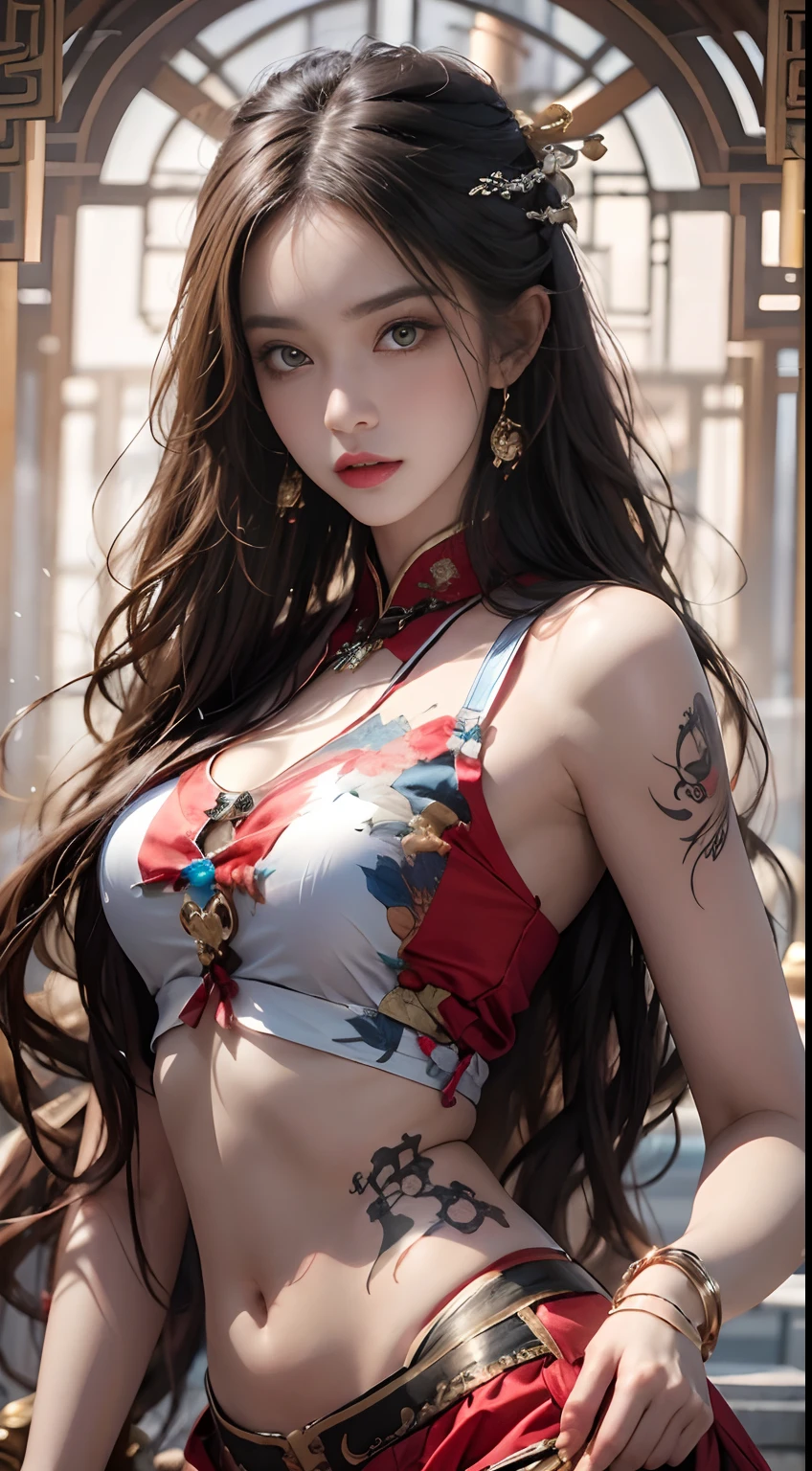 Photorealistic, high resolution, 1 woman, Hips up, Beautiful eyes, Long hair, ringed eyes, jewelry, tattoo, Hanfu, Chinese fairy, Taoist uniform