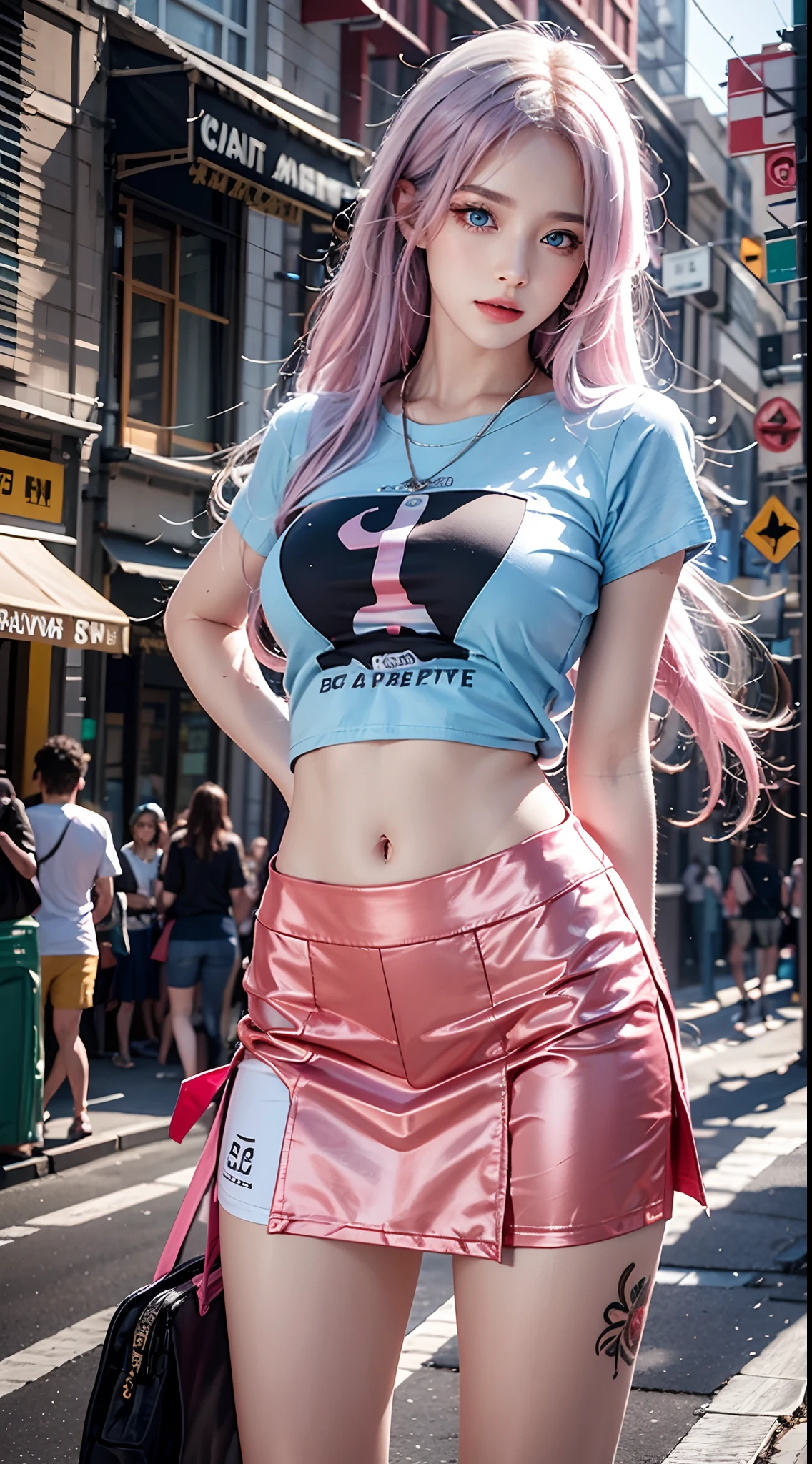 photorealistic, high resolution, soft lights, 1women, solo, hips up, (blue eyes, long hair, pink hair), street wear, t-shirt, skirt, jewelry, tattoo
