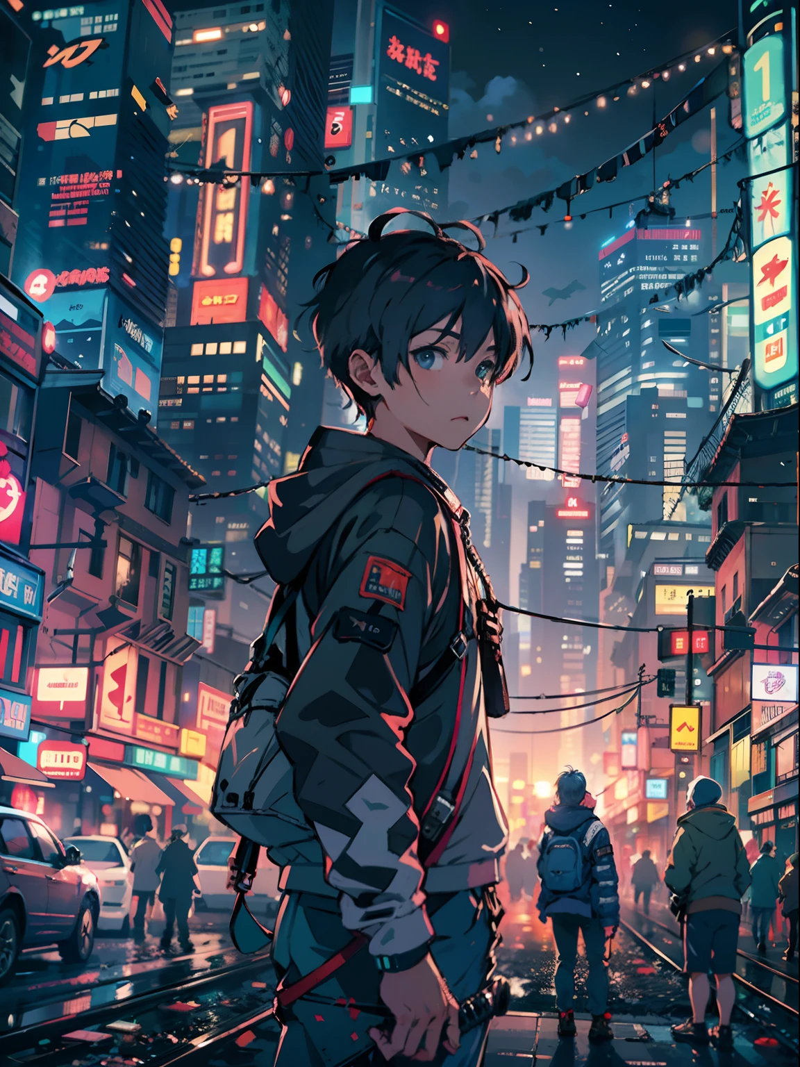 1boy,(a 13 yo boy:1.5)、Cyberpunk Boy、katanas,Whole body bloody、The beginning of the adventure、Lots of clouds,heavy fog、Moon,Chaotic city of the future、Movie dystopia、A group of very tall skyscrapers stands in the center、Very complex cityscape,Crowded Chinese skyscrapers、street signs、streetlights、taxis、buses、Train、Pretty dim lighting、Dark road、puddles、Chaotic、Beautiful and fantastic scenery、Cinematic scenery、hightquality、masutepiece,in 8K、hight resolution、