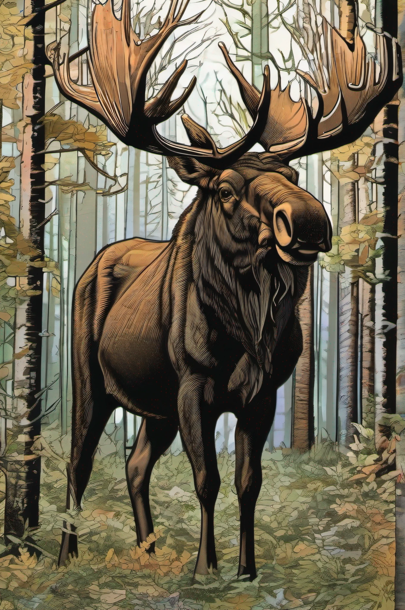 midshot, (cel-shading style:1.3), centered image, ultra detailed illustration of a Bull Moose in the woods, posing, (tetradic colors), inkpunk, (ink lines:1.1), strong outlines, art by MSchiffer, bold traces, unframed, high contrast, (cel-shaded:1.1), vector, 32k resolution, best quality, flat colors, flat lights