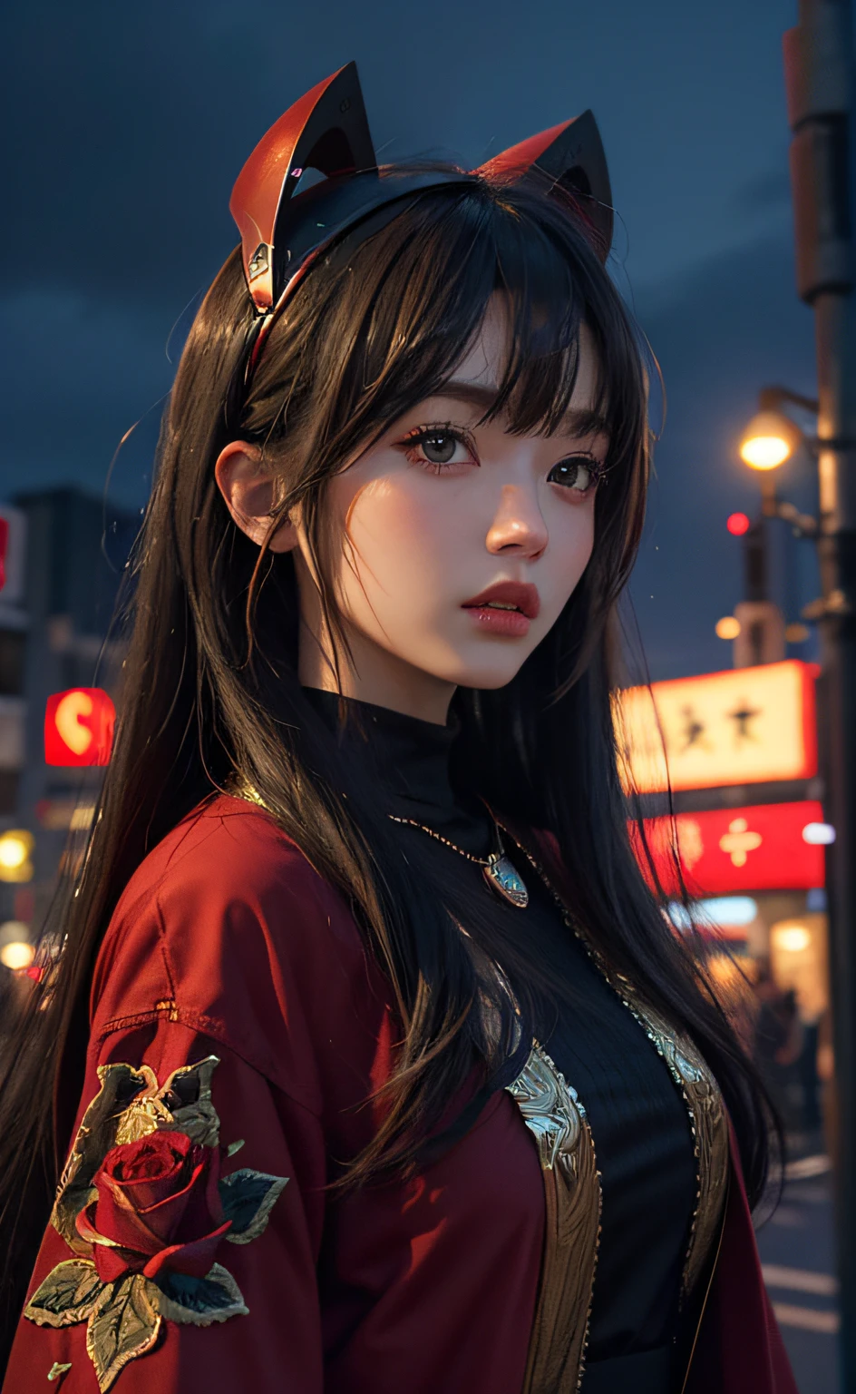 1girl, Tokyo street,night, cityscape,city lights, upper body,close-up, 8k, RAW photo, best quality, masterpiece,realistic, photo-realistic,headgear of red rose, parted bangs, long hair,