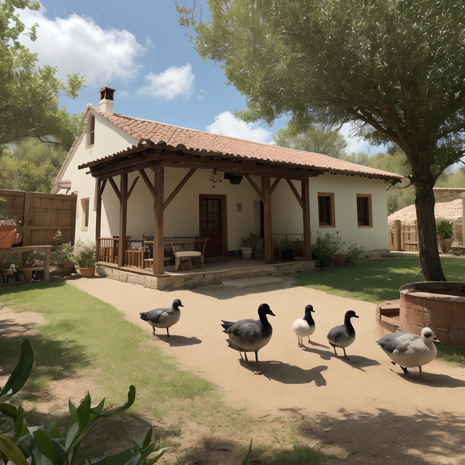 Casa do campo com alpendres, courtyard, animais como galinhas , pintinhos, perus, guinés, patos, cachorro, criador jogando comidas para os animais, uma bela vista de fundo, verde, heaven, nuvens , casal feliz  em atividades rural, tiro de 10 metros, foco nítido, 8k