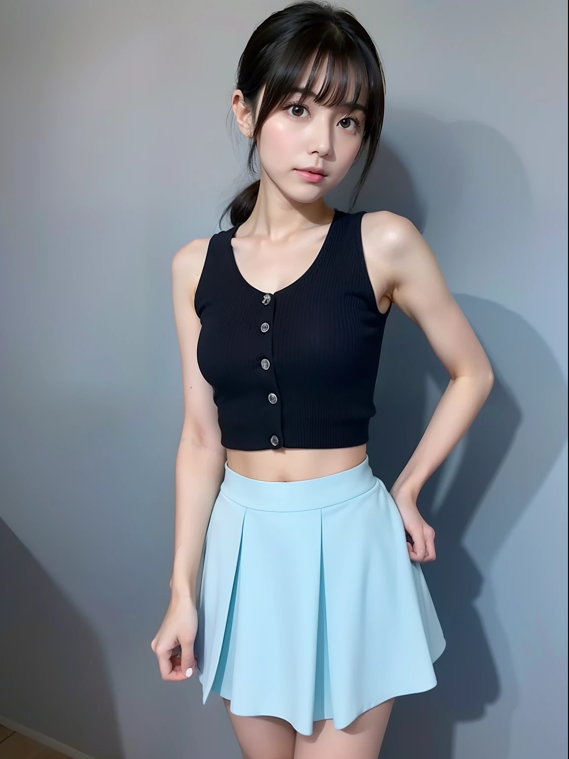 Knees,小柄,Short stature,small tits,pleatedskirt,Light blue crop top look,年轻,teens girl,A dark-haired,Twin-tailed,uneasy