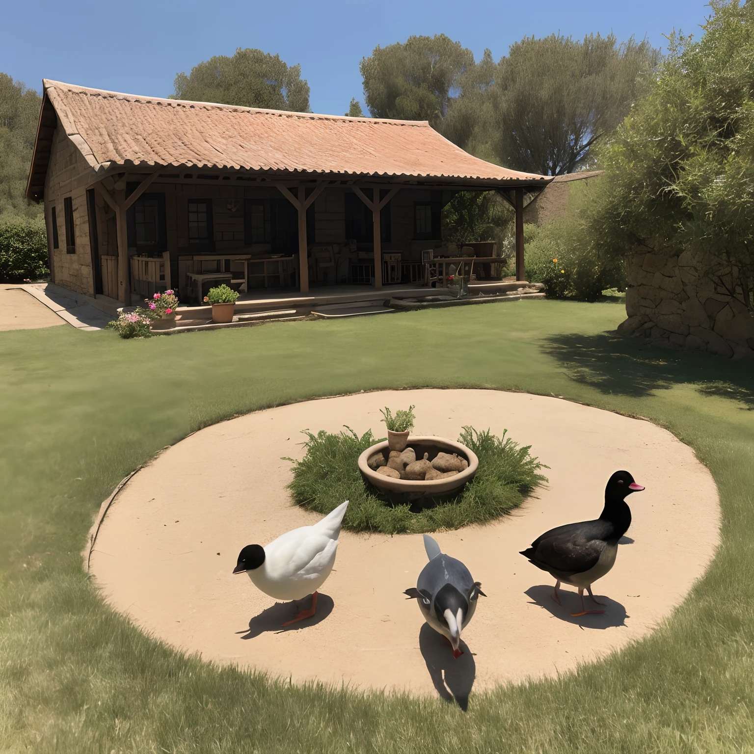 Casa do campo com alpendres, courtyard, animais como galinhas , pintinhos, perus, guinés, patos, cachorro, criador jogando comidas para os animais, uma bela vista de fundo, verde, heaven, nuvens , casal feliz  em atividades rural, tiro de 10 metros, foco nítido, 8k
