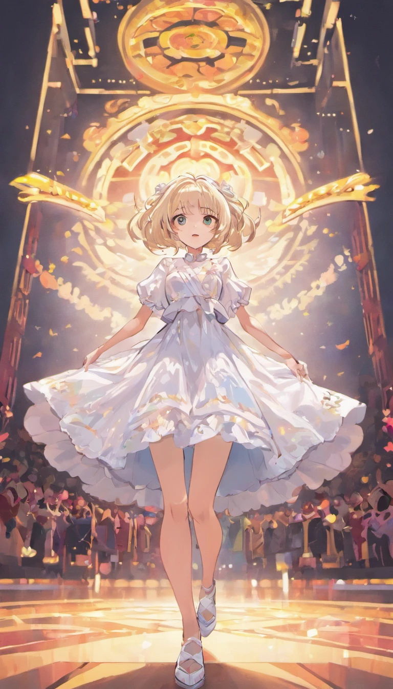 An Araki woman in a white dress stands on the stage, Sweet sister Luo Xin, Sweet girl Luo Xin from twice, in a glowing skirt, Performing on stage, Wear a short colored skirt, beautiful and graceful, wears a white dress, park jimin, On stage, jisoo from blackpink, girl in white dress dancing，Sweet sister Luo Xin