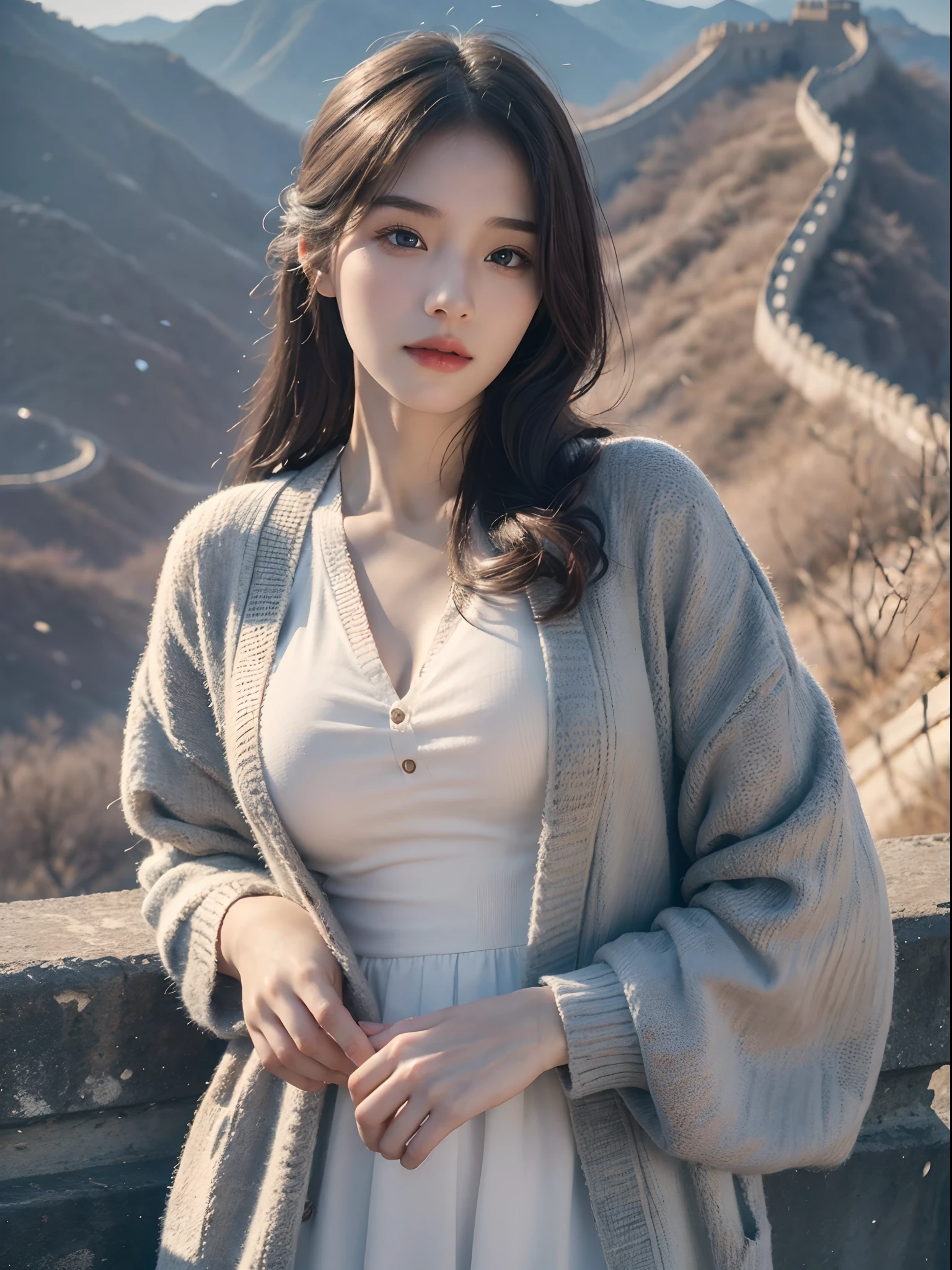 1 girl, On the Great Wall of China,full body, cardigan,eautiful detailed eyes,beautiful detailed lips,Extremely detailed eyes and face,Long eyelashes, enchanting landscape,(Best quality,4K,8K,A high resolution,Masterpiece:1.2),Ultra-detailed,(Realistic,Photorealistic,photo-realistic:1.37), sexy dress, looking at viewer