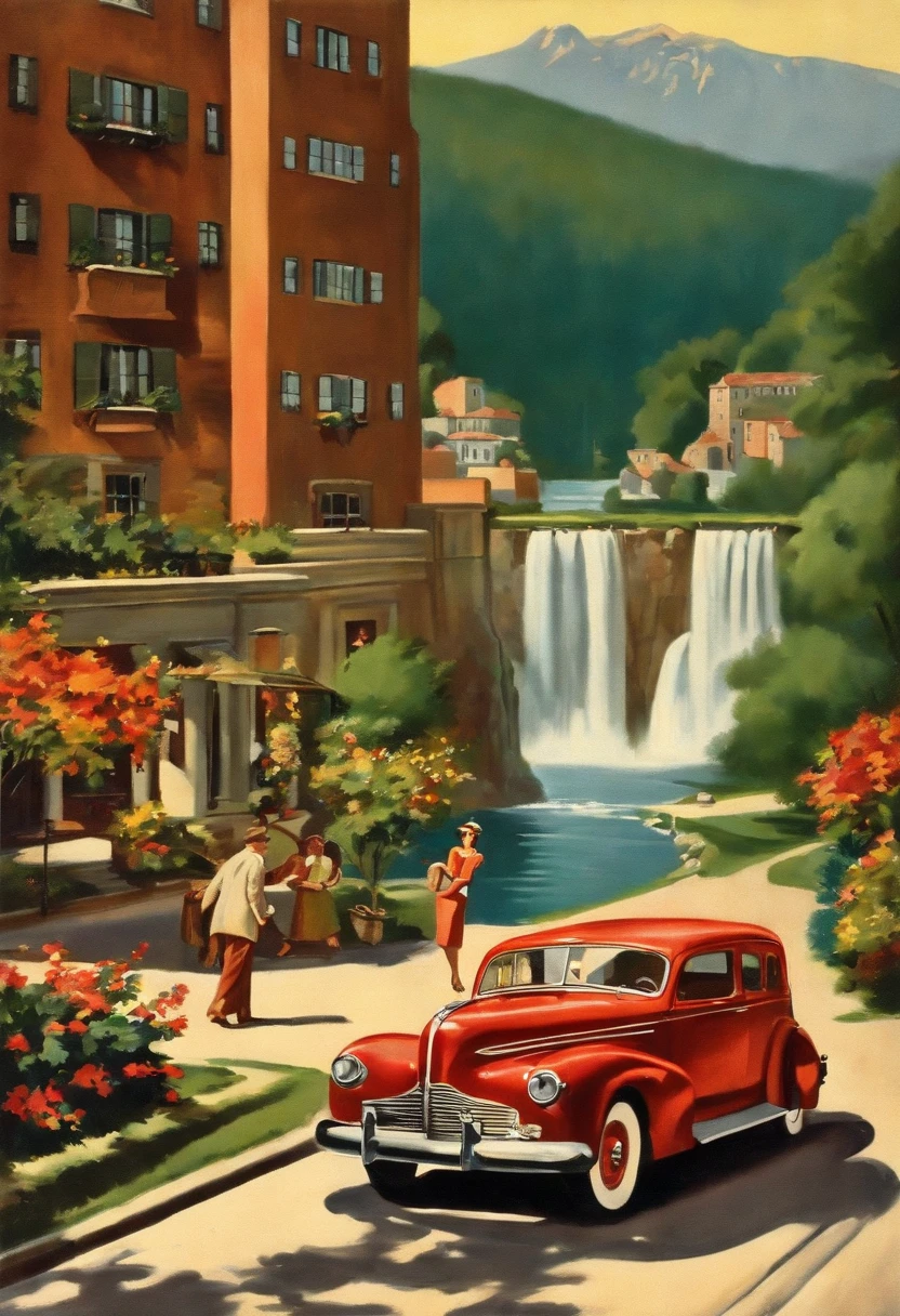 ((Waterfall)), painting of a city street with cars and people walking on the sidewalk, american postcard art style, 1 9 4 0 setting, Directed by: Maurice Braun, Os cinco e centavos de Walton, Directed by: Wayne Reynolds, 1 9 4 0 s cena de rua, Vintage postcard, Directed by: Dennis Ashbaugh, 1930, 1 9 3 0, setembro de 1937