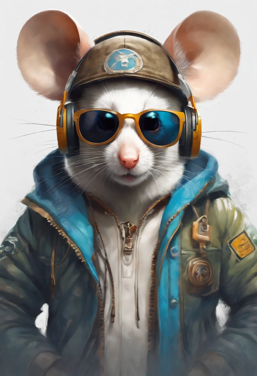 Perfect centering, Cute mouse, Wear a student team jacket, Wearing sunglasses, Wearing headphones, cheerfulness, Standing position, Abstract beauty, Centered, Looking at the camera, Facing the camera, nearing perfection, Dynamic, Highly detailed, smooth, Sharp focus, 8K, high definition resolution, illustration, Art by Carne Griffiths and Wadim Kashin, White background pixar style