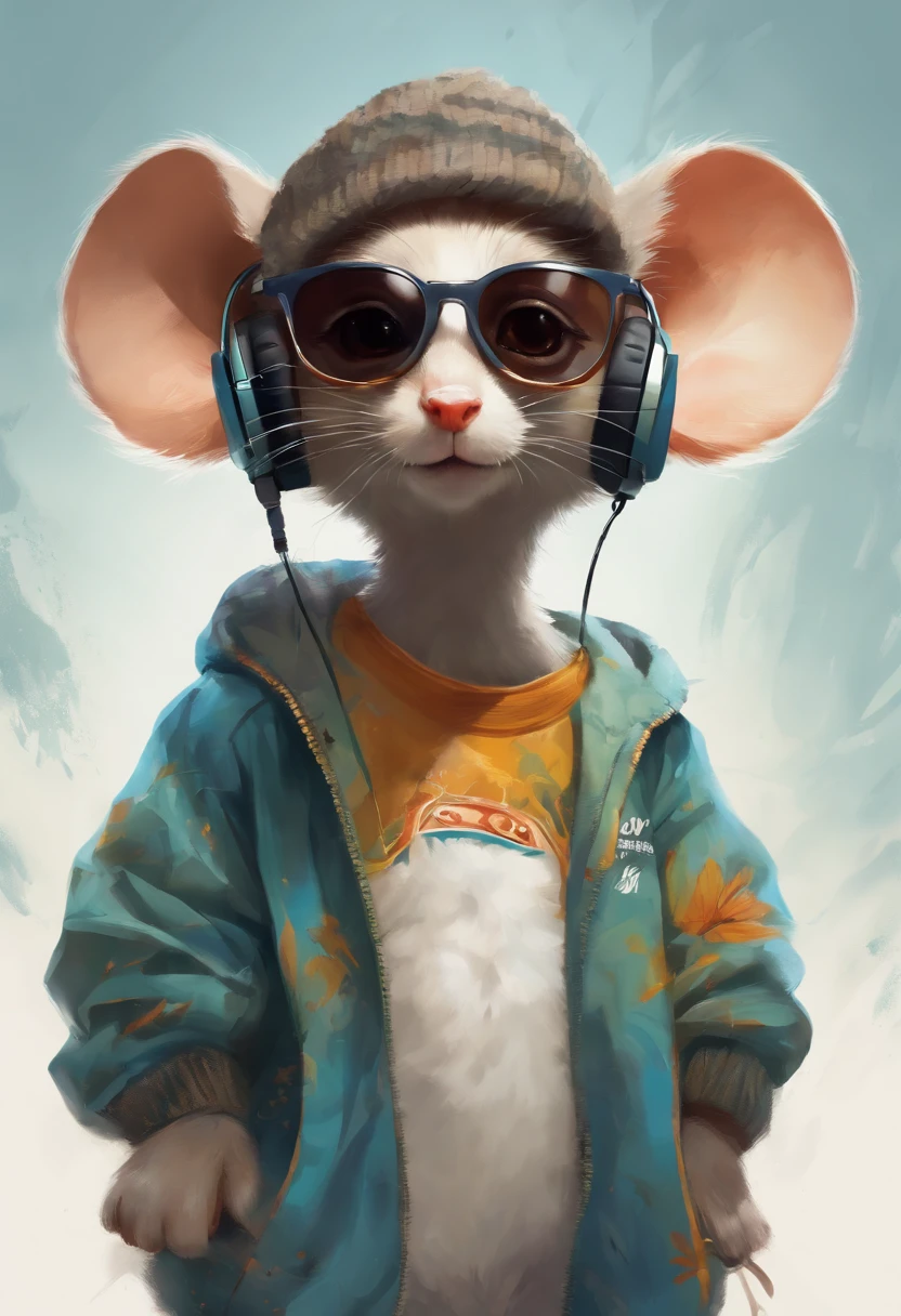 Perfect centering, Cute mouse, Wear a student team jacket, Wearing sunglasses, Wearing headphones, cheerfulness, Standing position, Abstract beauty, Centered, Looking at the camera, Facing the camera, nearing perfection, Dynamic, Highly detailed, smooth, Sharp focus, 8K, high definition resolution, illustration, Art by Carne Griffiths and Wadim Kashin, White background pixar style