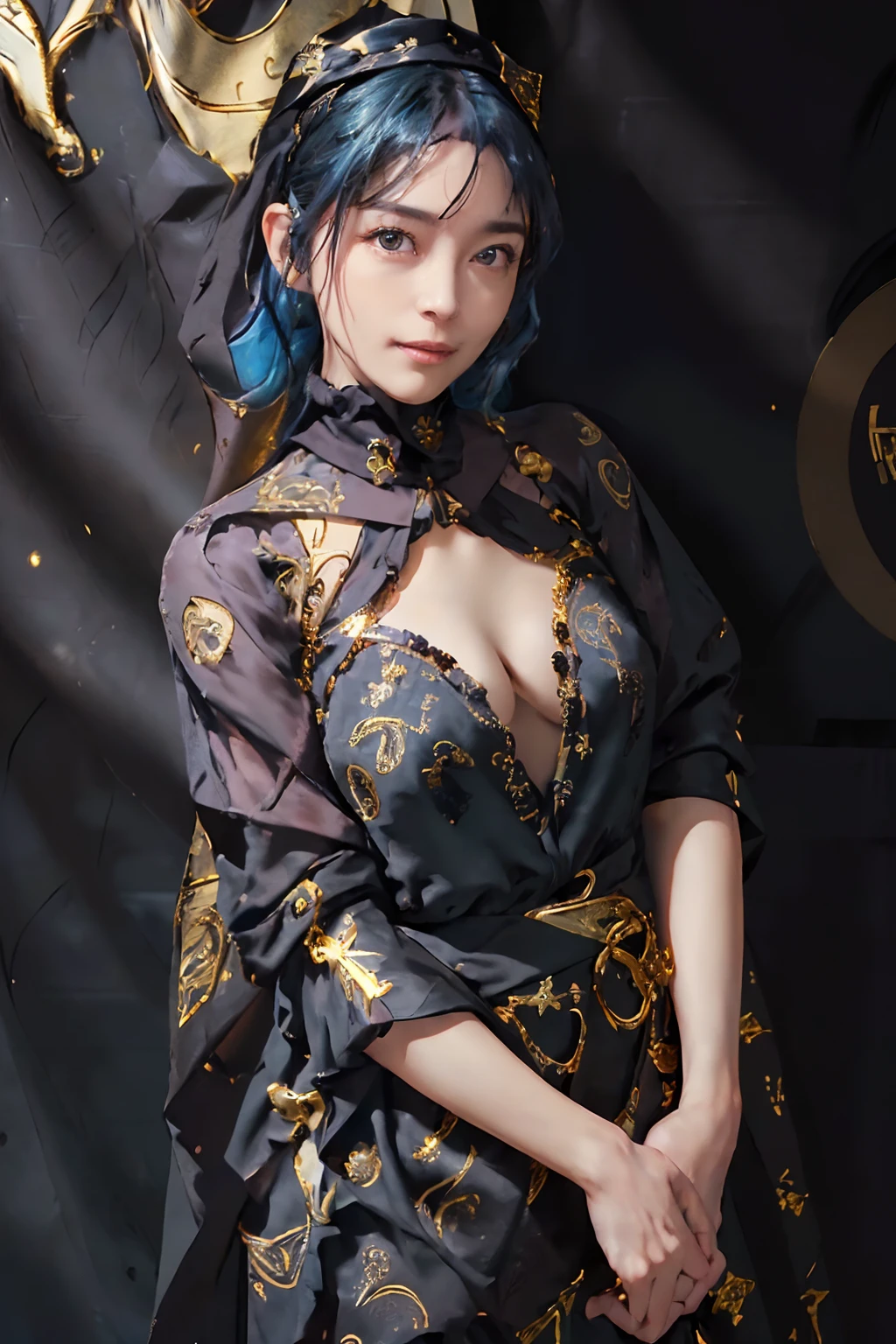 ((top-quality、8K、masterpiece、Photorealistic:1.4、fine-textured、Beautiful and detailed)), (gold foil, Intricately drawn paisley pattern, Delicate workmanship, (Black Fabric:1.4), maid dress:1.5), (Medium Hair, Beautiful hairstyle, lightbluehair:1.5)、Clear, Fine-grained skin、Beautiful clear eyes、(cleavage of the breast)、Carefree and natural smile、(Hair disheveled in the wind:1.3)、Beautiful girl with a smile、(thin-waist:1.3)、(Dynamic and provocative poses:1.2)、(Backshots)、(NSFW:1.4)
