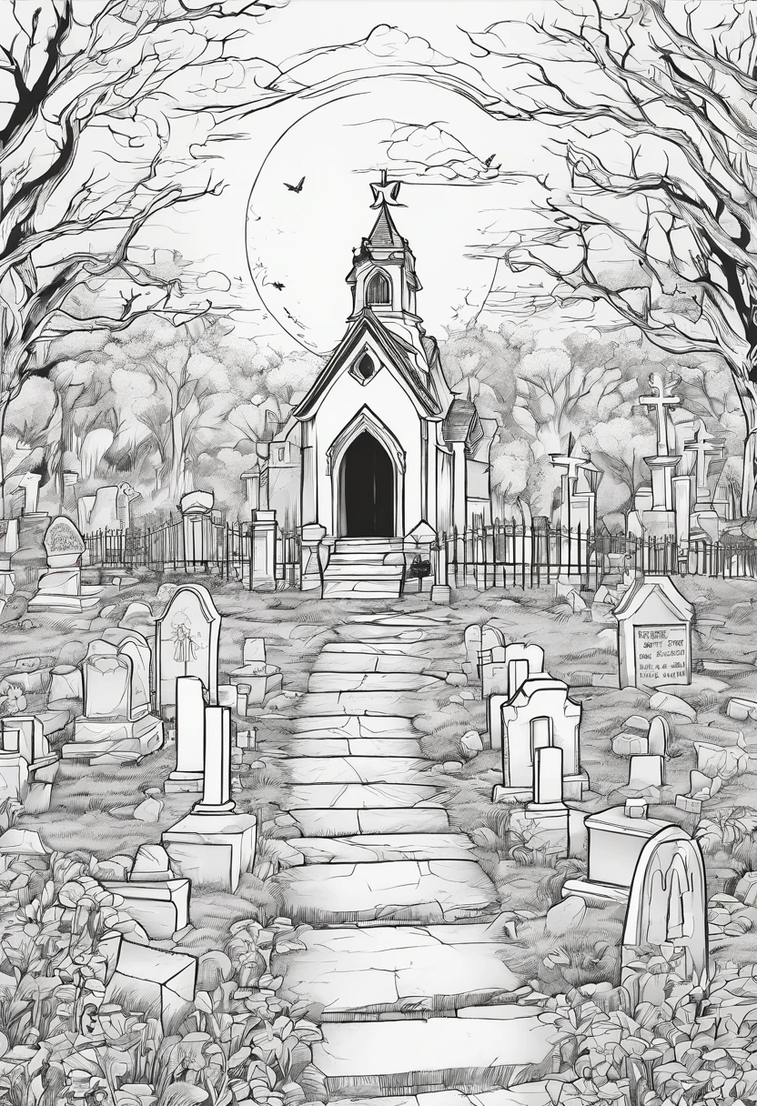 ((A coloring page of {A haunted graveyard with eerie, glowing tombstones.
} )), (masterpiece), (coloring page), line art drawing, minimalist, graphic, (line art), vector graphics, Clear and Distinct Lines, Intricate Patterns,Varied Line Weights, Smooth curves, Bold outlines, Crisp shapes