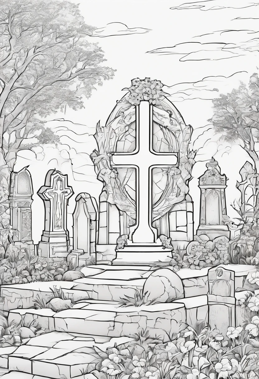 ((A coloring page of {A haunted graveyard with eerie, glowing tombstones.
} )), (masterpiece), (coloring page), line art drawing, minimalist, graphic, (line art), vector graphics, Clear and Distinct Lines, Intricate Patterns,Varied Line Weights, Smooth curves, Bold outlines, Crisp shapes