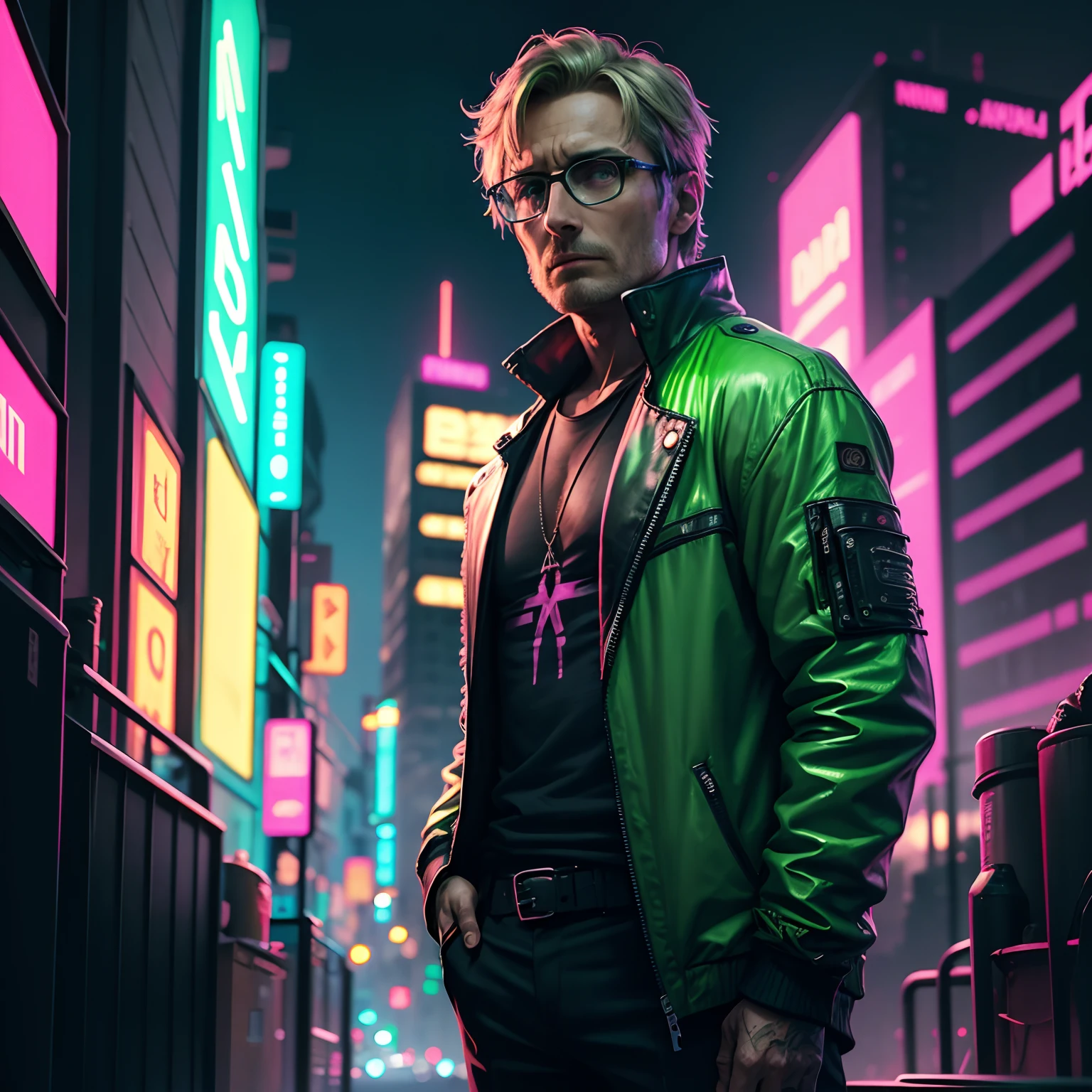 Person with glasses Cyberpunk neon green Pink cityscape background Mads Mikkelsen