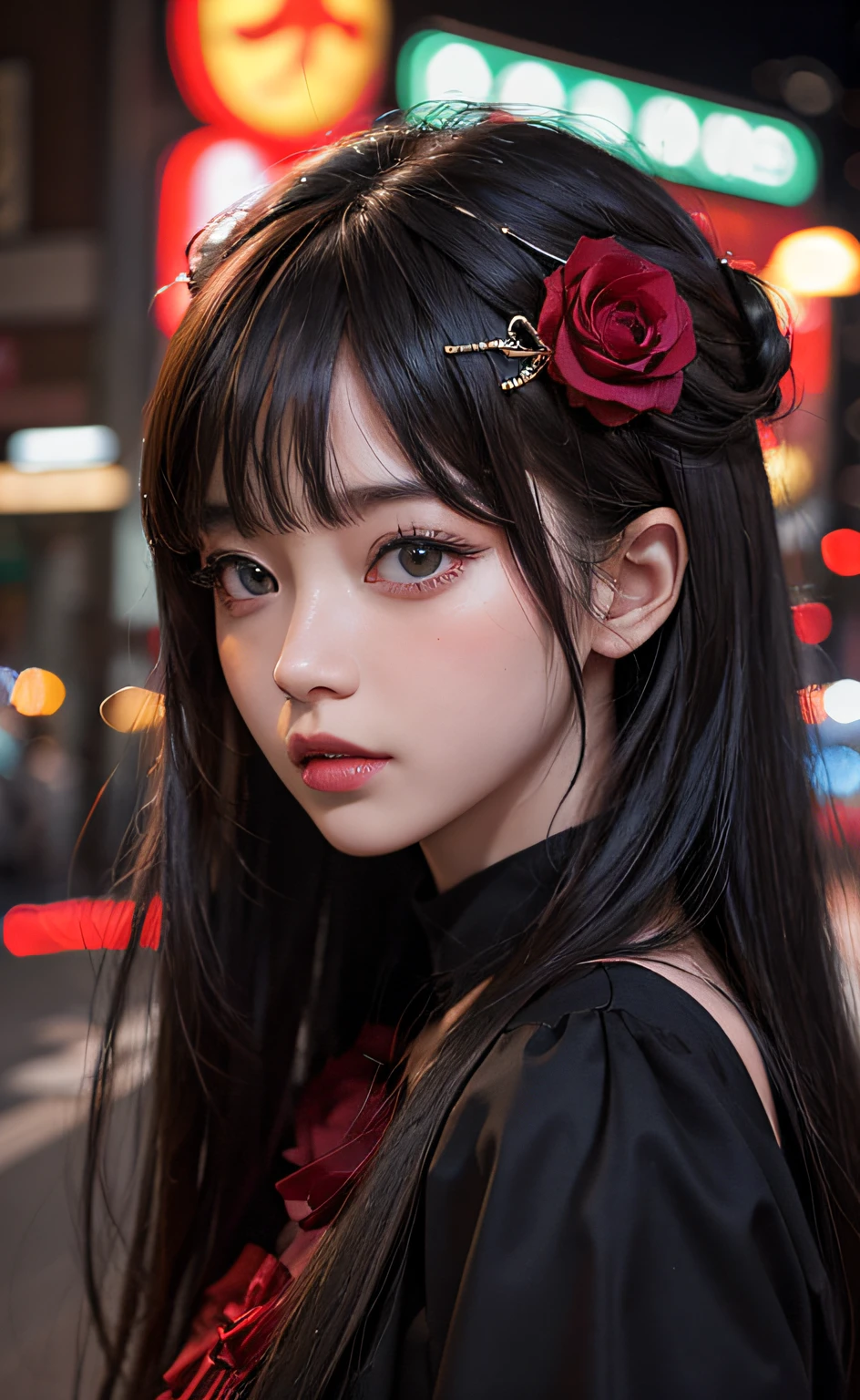 1girl, Tokyo street,night, cityscape,city lights, upper body,close-up, 8k, RAW photo, best quality, masterpiece,realistic, photo-realistic,headgear of red rose, parted bangs, long hair,