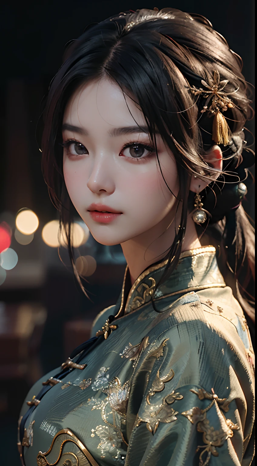 Best Quality, (RAW Photos: 1.2), (Masterpiece: 1.4), (Realistic: 1.4), (High Resolution: 1.4), Chinese actress Gulinazha, depth of field, intricate details, 8k, very detailed, perfect lighting, epic background, big bust 1.3, student wear