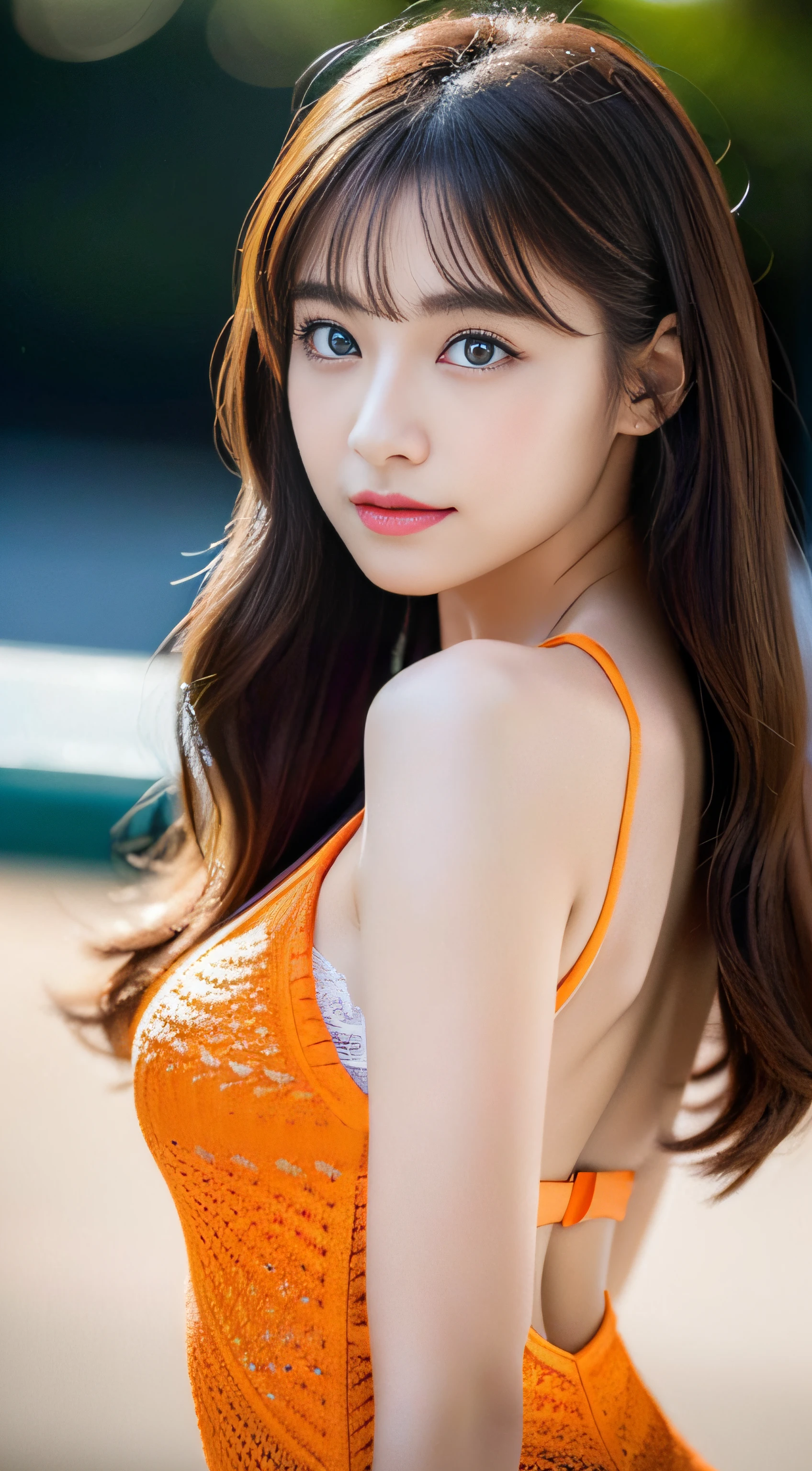 bed、(((Cute Devil)))、small breasts、(Shiny light brown and orange two-tone wavy long hair)、Cute round face red lipstick、A cute smile that makes everyone happy、(sitting)、(whole body)、digital illustration、(natural soft light)、(sunlight)、(professional lighting)、(Photoreal:1.3)、(Raw photo)、(master piece、highest quality、Ultra high resolution output image、) (8K quality)、(Image mode Ultra HD、)