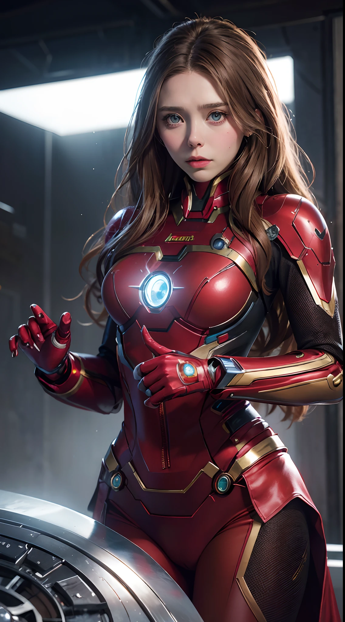 Movie scene: The enigmatic Scarlet Witch from Marvel comes into focus in a close-up shot, her expressive eyes gleaming with an otherworldly intensity. Surrounding her, the fabric of space distorts, twisted undead creatures lurking in the background. A lens flare casts ethereal beams of light, adding to the intrigue and underlying tension. The Axis of this intricately detailed scene is masterfully rendered using high detail and volumetric lighting, making for a 4K picture that's truly surreal. Textures are true to reality, and the dramatic lighting enhances the overall impact, making this an unforgettable scene brought to life by the power of