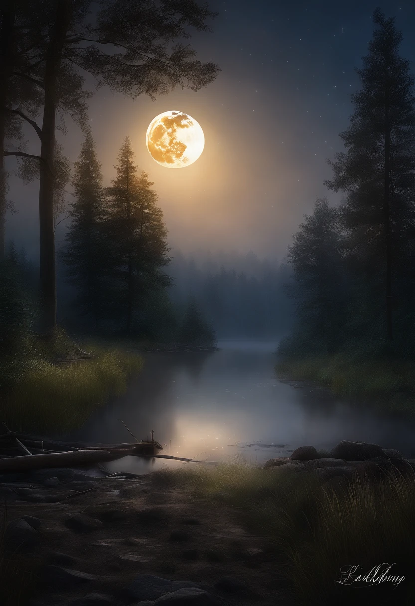 "A peaceful and peaceful night, Bask in a silvery glow. Harmonious scene of the moon,Several electrical workers are working on the wire. Twinkling stars dot the dark sky, creating a magical atmosphere. The surrounding nature is shrouded in a light and mysterious mist. Let your imagination come to life in this night painting full of calm and serenity."