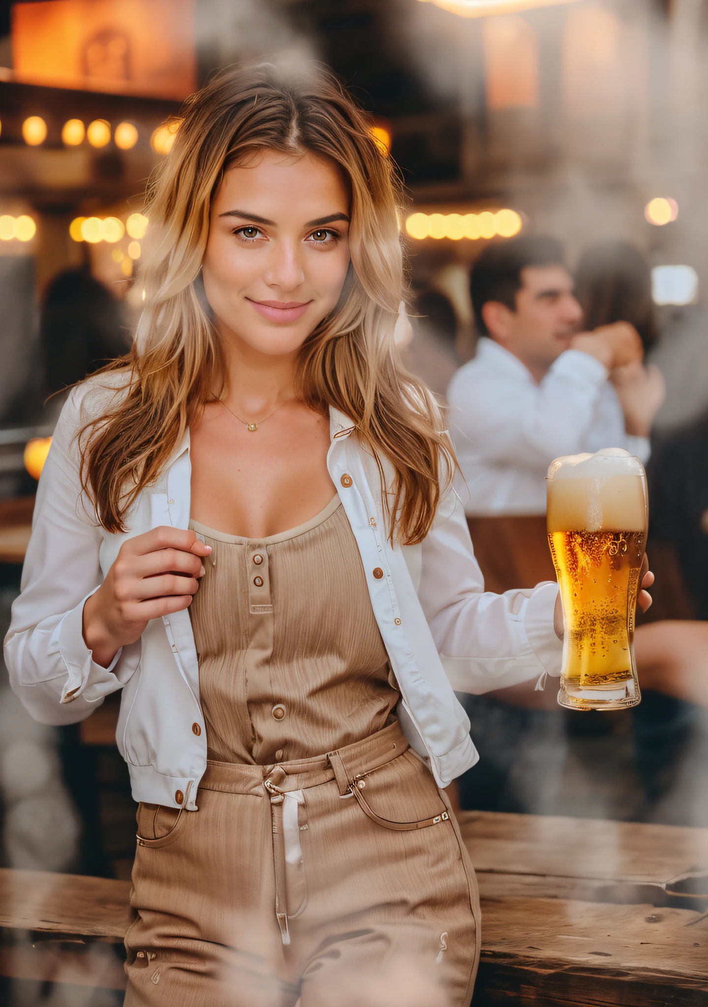 Oktoberfer, Girl with a glass of beer ((handsome girl, a happy)), tmasterpiece, beste-Qualit, Ultra-detailed, 独奏,(Look at the viewer: 1.2) (skin texture) (film grains: 1.3), (warm hue, warm tone: 1.2), a closeup of a, cinematiclight, sidelighting, extra high resolution