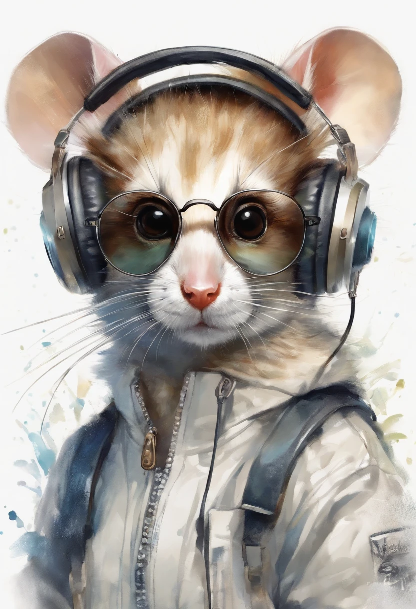 Perfect centering, Cute mouse, Wear a student team jacket, Wearing sunglasses, Wearing headphones, cheerfulness, Standing position, Abstract beauty, Centered, Looking at the camera, Facing the camera, nearing perfection, Dynamic, Highly detailed, smooth, Sharp focus, 8K, high definition resolution, illustration, Art by Carne Griffiths and Wadim Kashin, White background