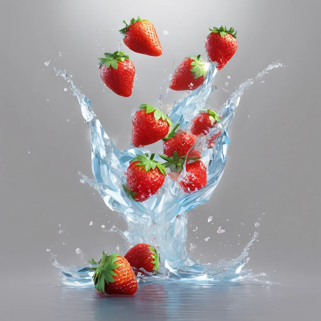 cinematic RAW photo,foto ultra real,Ultra foto Realsisim,Digital SLR,soft lighting,Product photo of 5 strawberries falling into the water、Drippy、Splash clear liquid、water bloom,dynamic compositions,(master part) (best quality) (circunstanciado) (Cinematic lighting) (foco nítido) (intrincado), master part, best quality, ultra-highresolution, 8k UHD
