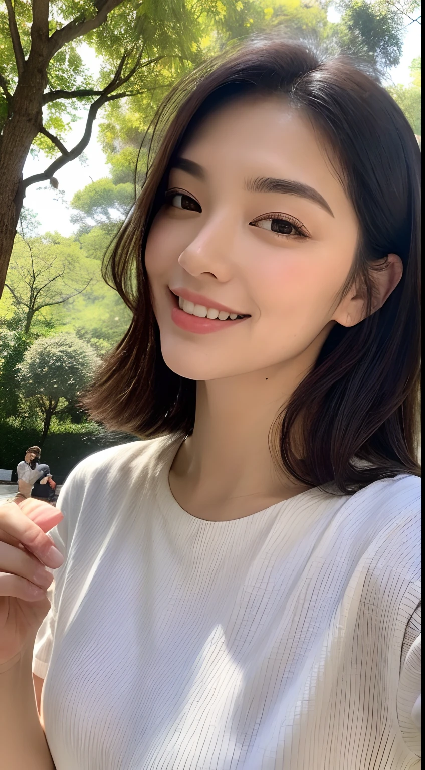 ((Realistic light、Top image quality、8K、The Masterpiece:1.3))、1girls、Slim figure beauty:1.4、Brown hair、((hyper big breasts:1.3))、Off-shoulder cut top:1.3、Super detailed face、detailedeyes、Double eyelidd、(campsite)、(Sorrisos)、cleavage breasts、Sagging milk、((drooping breast))、((a beautifu))、Couse even with my hoodie on,