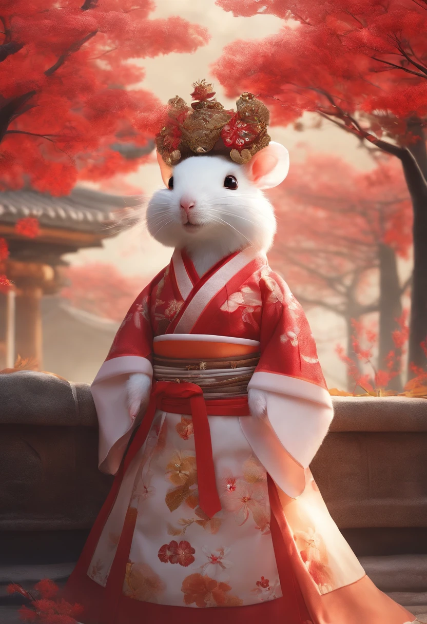 A humanoid hen，Dressed in traditional Japanese costumes and a humanoid mouse，Wearing hanbok，Fierce