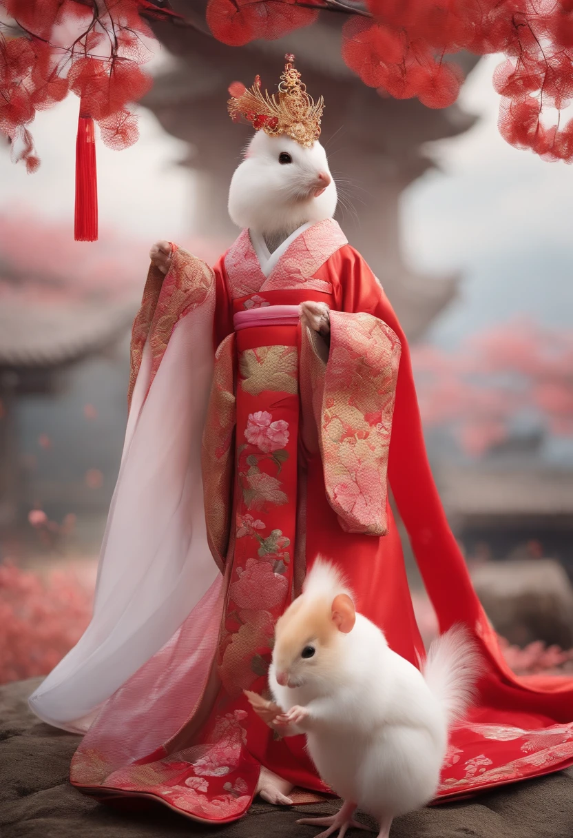 A humanoid hen,Dressed in traditional Japanese costumes and a humanoid mouse,Wearing hanbok,Fierce