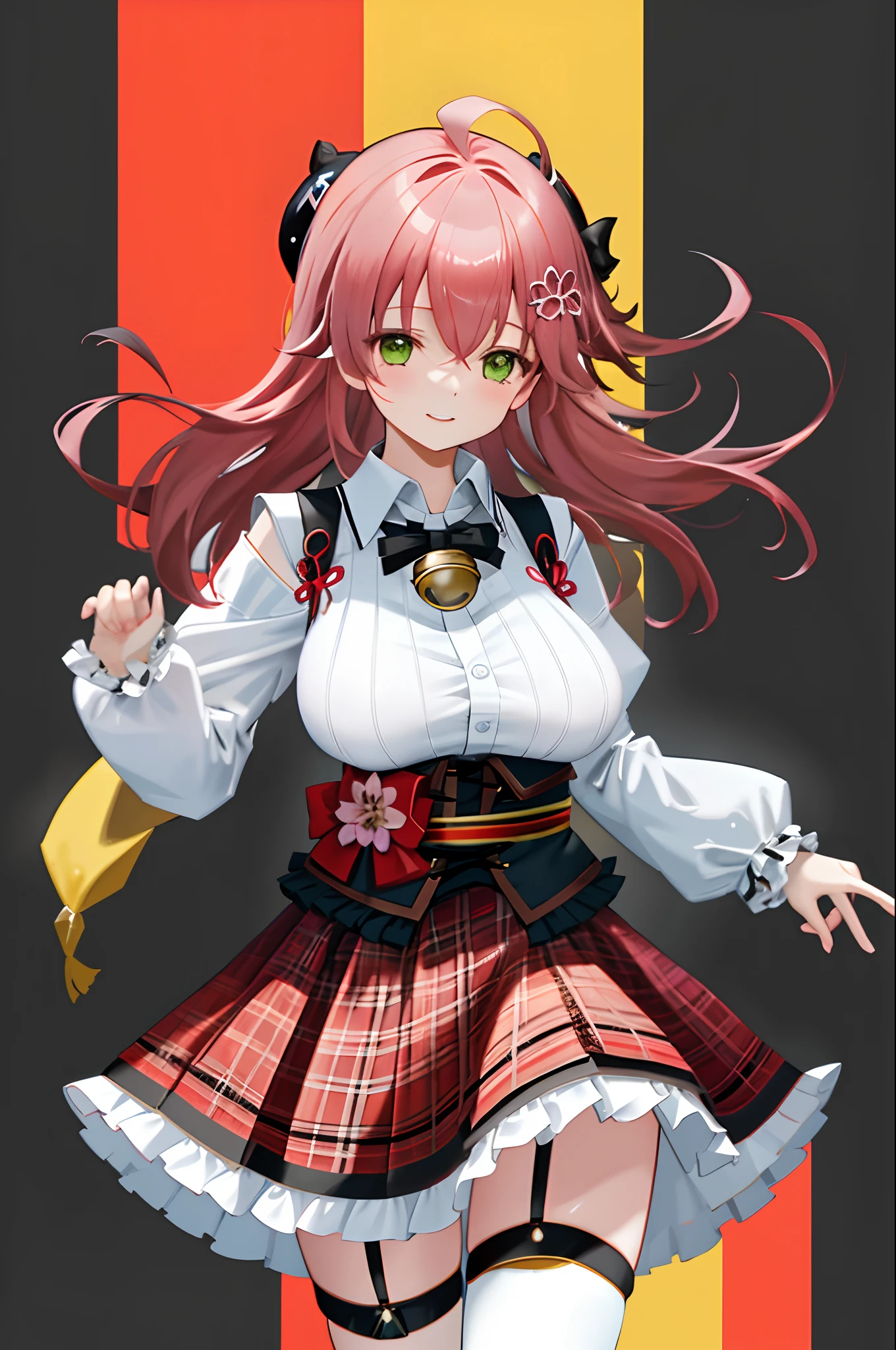 masutepiece, Best_Quality, hight_resolution, miko2,Ponytail, 1girl in, Green eyes, Ahoge, black headwear, Hair Ornament, White shirt, black thighhighs, Pink hair, Red_skirt, very_short_skirt, plaid skirts, garter_strap, Collared shirt, hair clips, frilld, Bangs, hair between eye, frills skirt, beret, Pleated skirt, Hair Flower, Neck bell, , puffy long sleeves, Black bow, Underbust, Cowboy Shot,Smile, gigantic_breasts,covered_nipples, covered_pussy,close_eyes, happy,