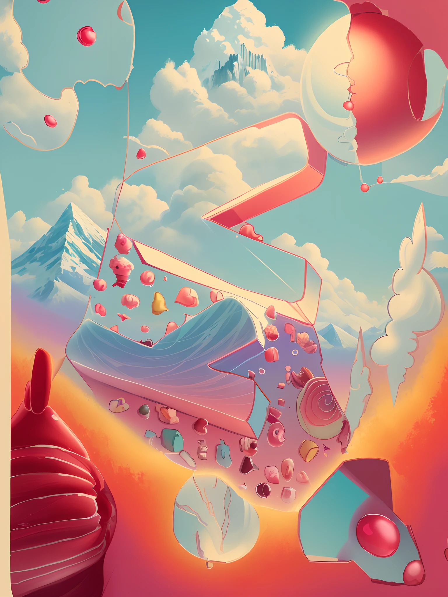 ,high high quality,8K,Many details,Ice cream is like a mountain,Little cherry,chocolate bar,The shape of the rotation is beautiful,adolable,Rich in color,Poster illustration,The foreground is surrounded by wildflowers,Advertising poster advertising promotion,Beautifully composed,Far Mountain,rosy clouds