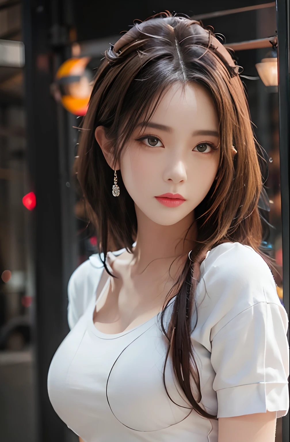 best qualtiy, tmasterpiece, 1girll, beauitful face, (photograph realistic:1.3), edge lit, (highdetailskin:1.2), 8K UHD, digital SLR camera, high high quality, A high resolution, 4k, 8k, bokeh, absurderes, Optimal proportions of four fingers and one thumb, (realisticlying:1.3), Cute 1girl, dressed in a white t-shirt, (huge tit:1.5), Short white dress,