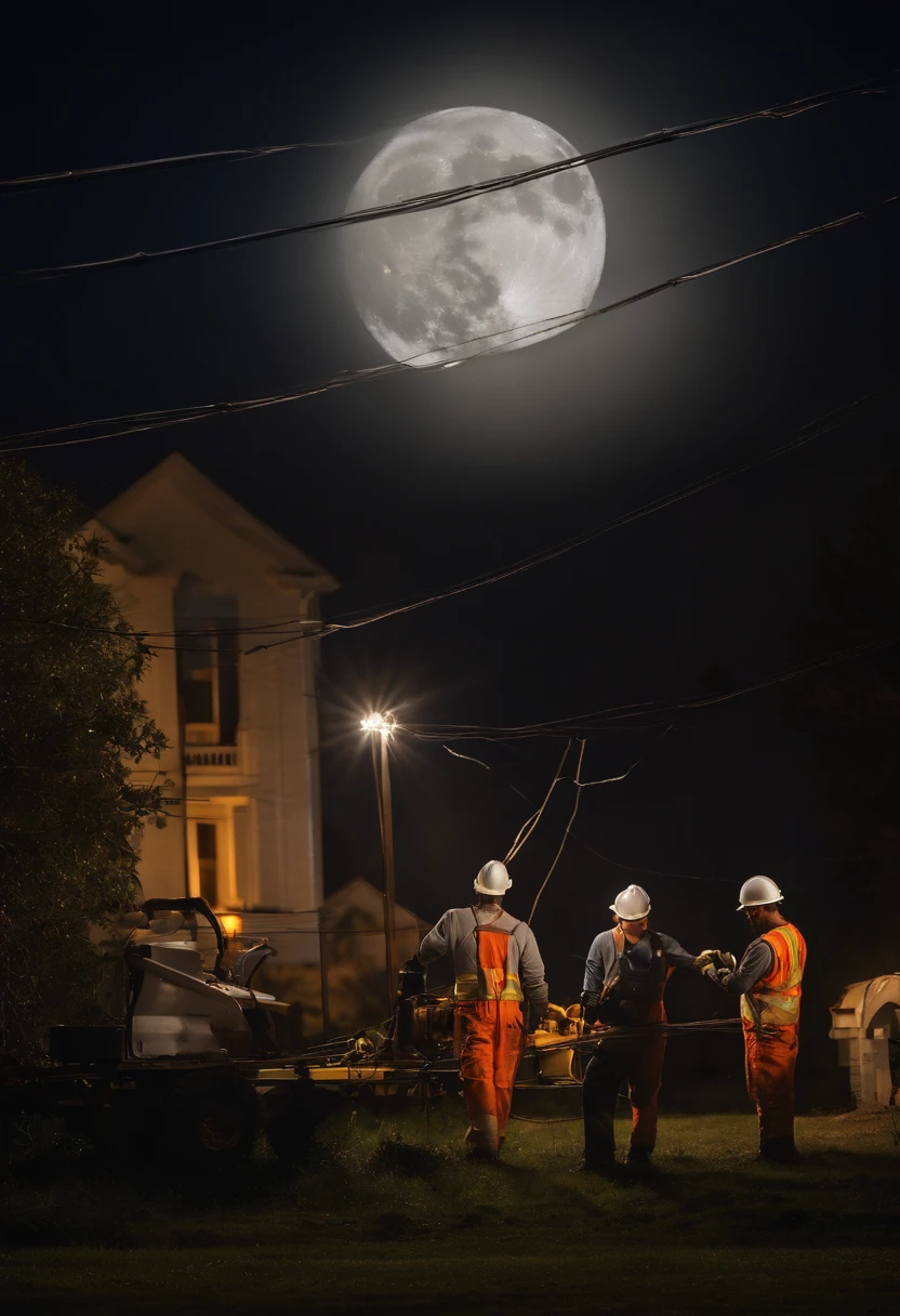 "A peaceful and peaceful night, Bask in a silvery glow. A harmonious view of the moon，(((Several electrical workers are working on the wire. )))